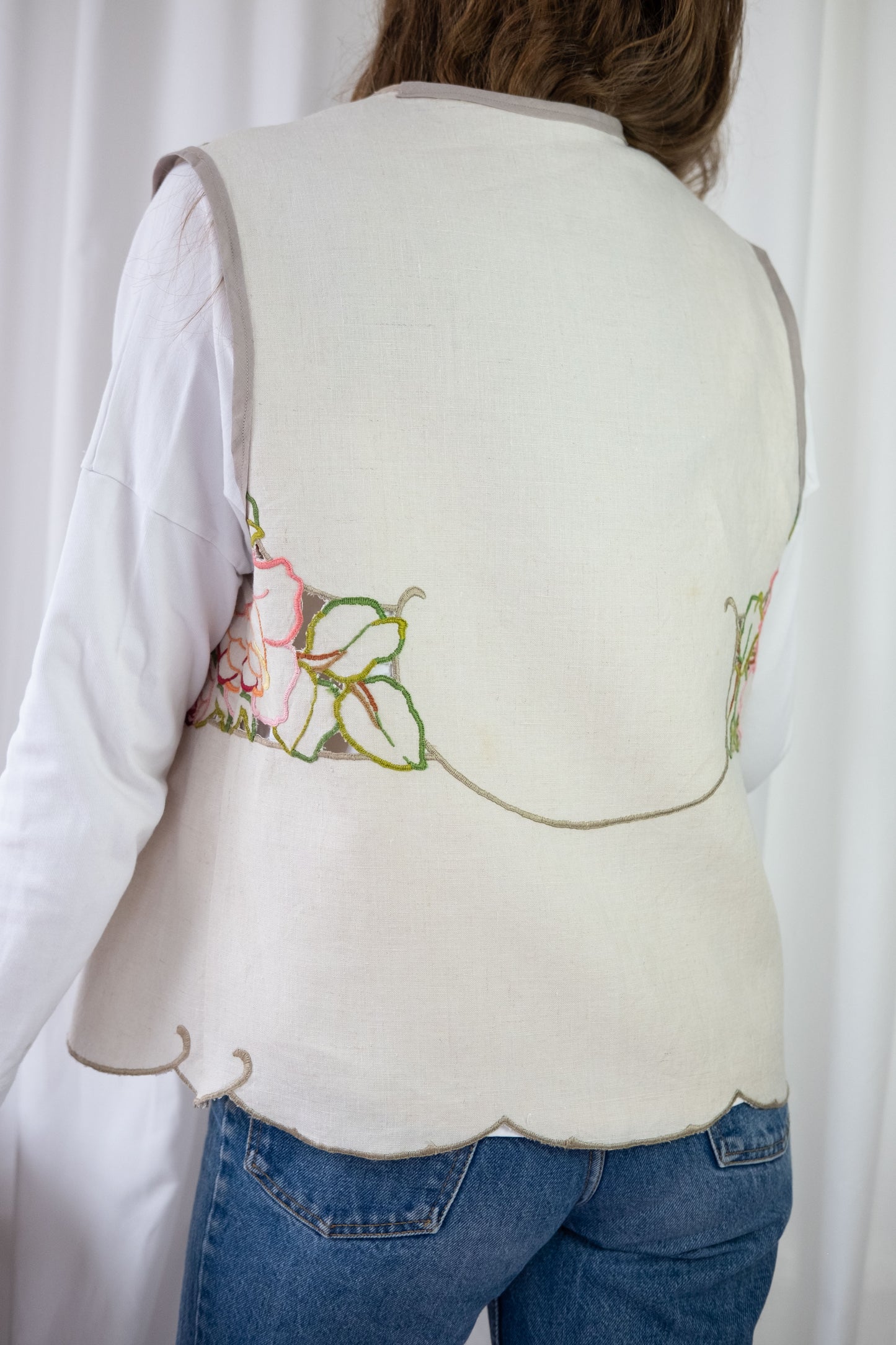 Lark ~ Reworked Vintage Linen Embroidered Waistcoat - M/L