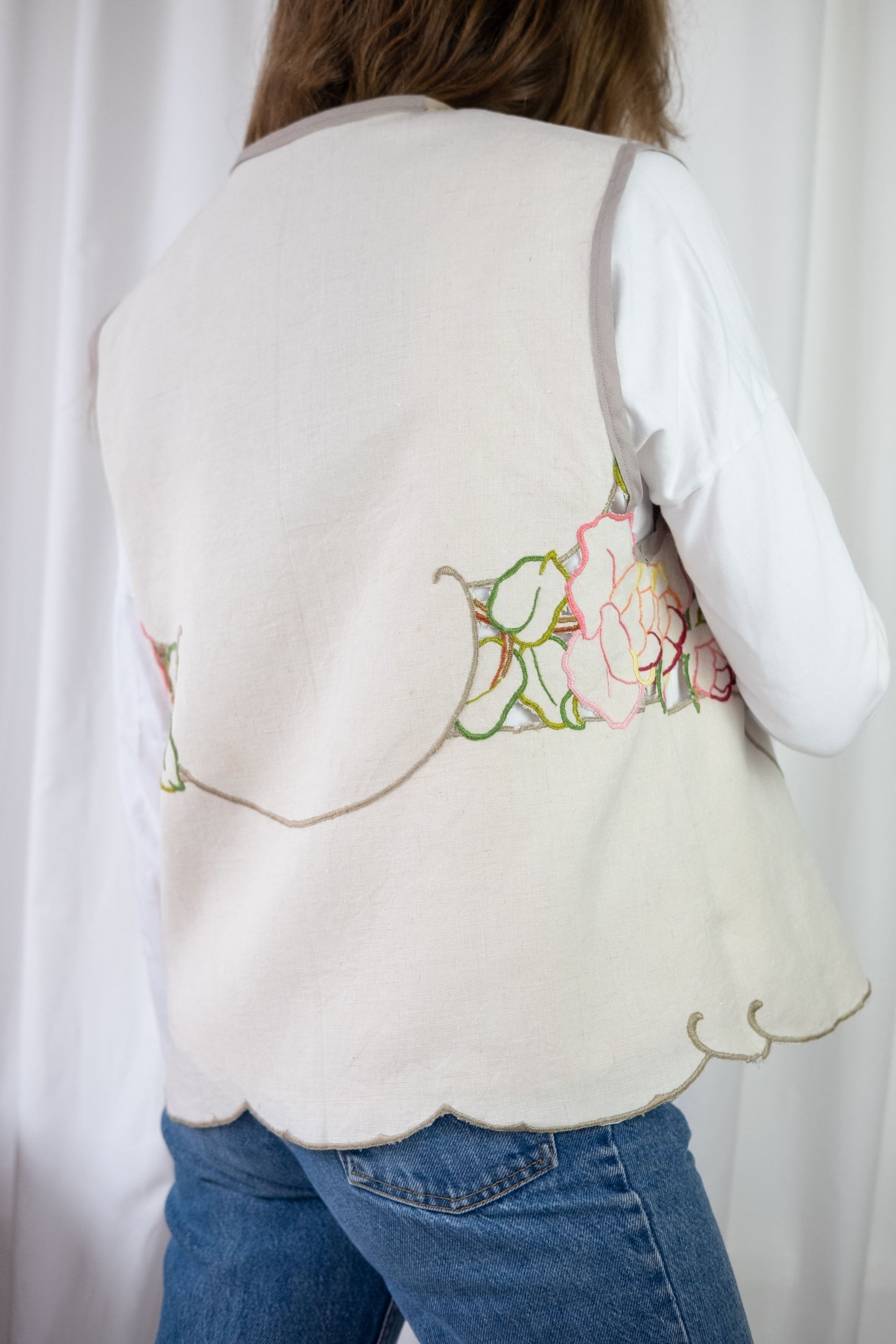 Lark ~ Reworked Vintage Linen Embroidered Waistcoat - M/L