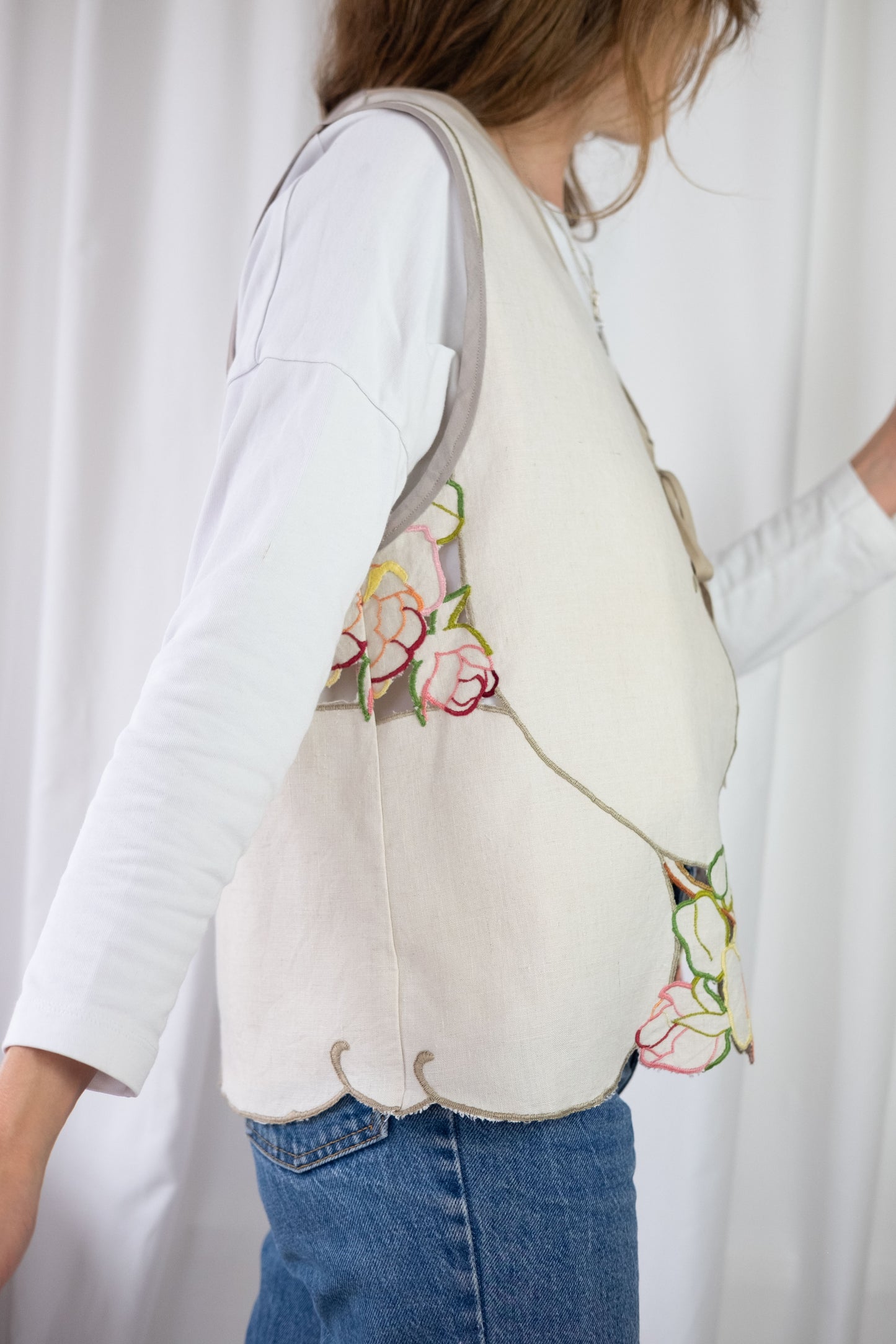 Lark ~ Reworked Vintage Linen Embroidered Waistcoat - M/L