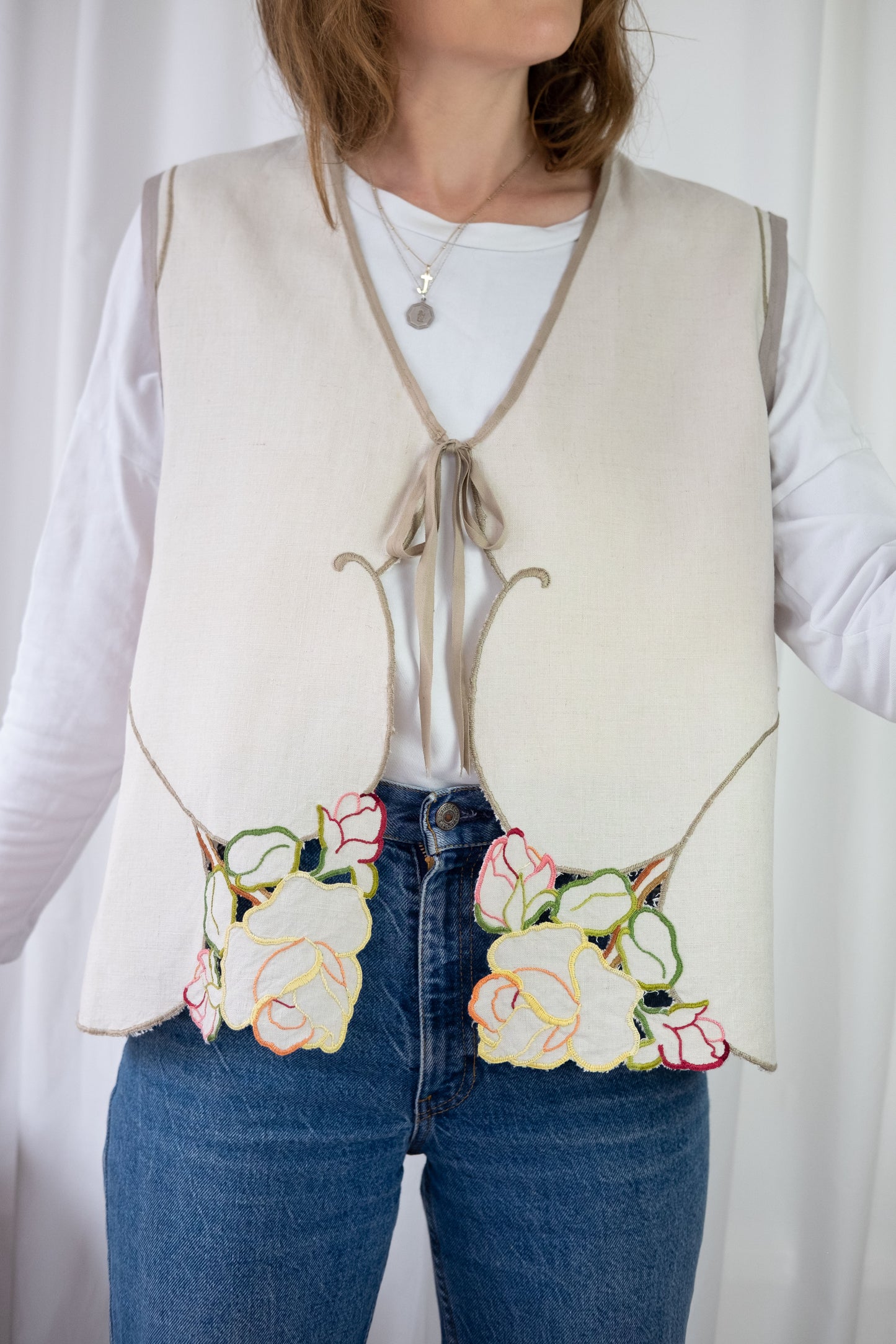 Lark ~ Reworked Vintage Linen Embroidered Waistcoat - M/L