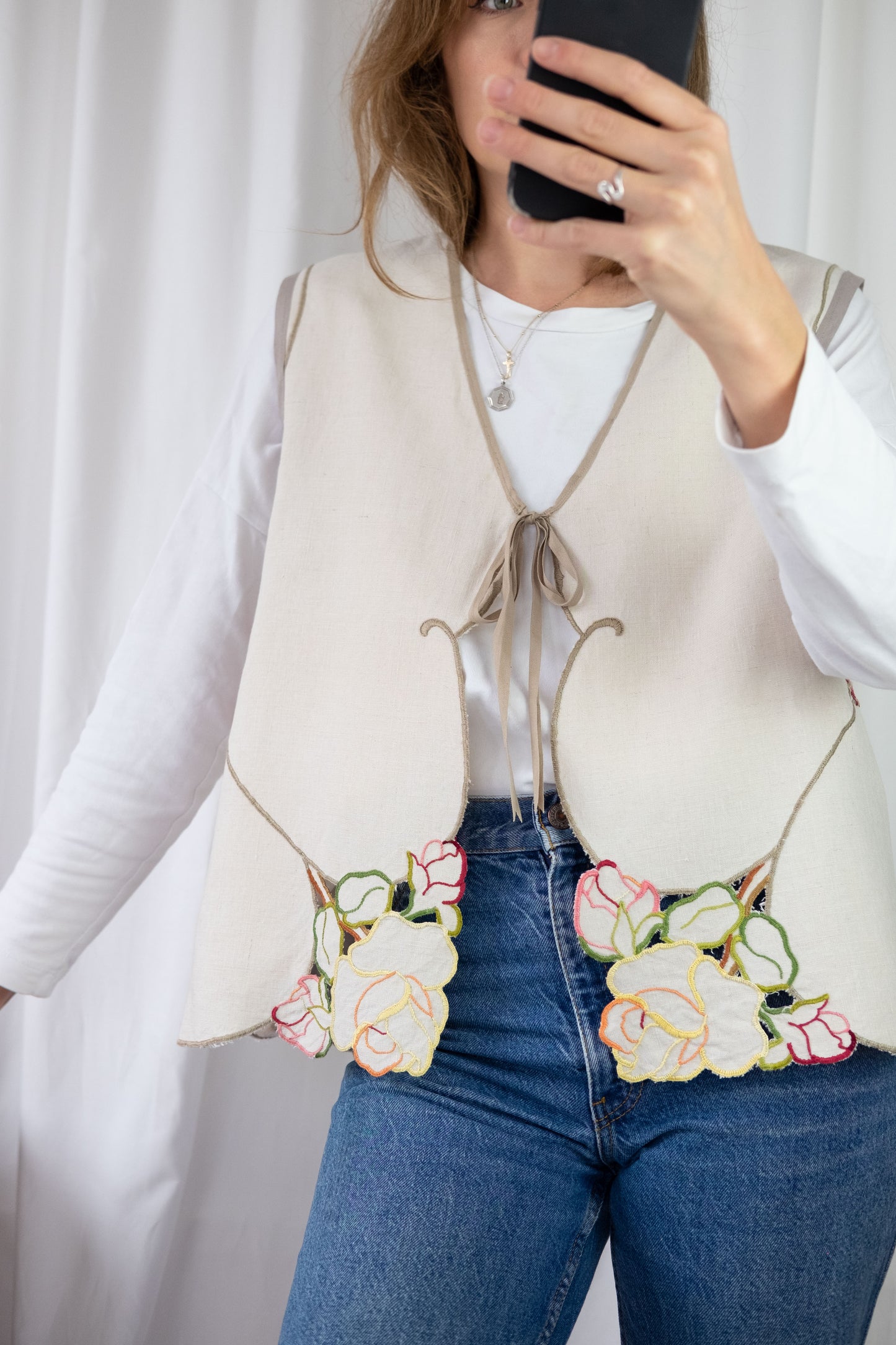 Lark ~ Reworked Vintage Linen Embroidered Waistcoat - M/L