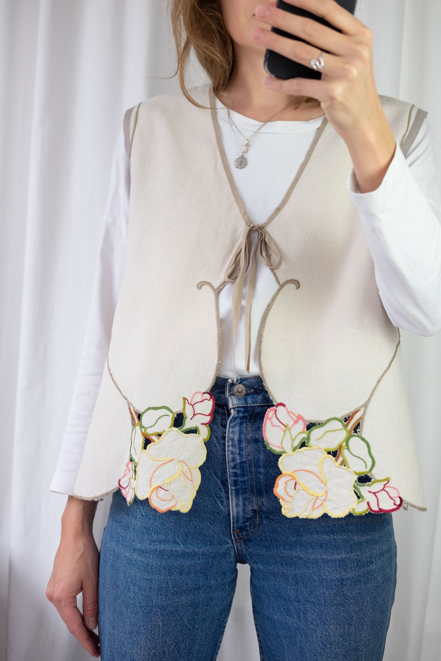 Lark ~ Reworked Vintage Linen Embroidered Waistcoat - M/L