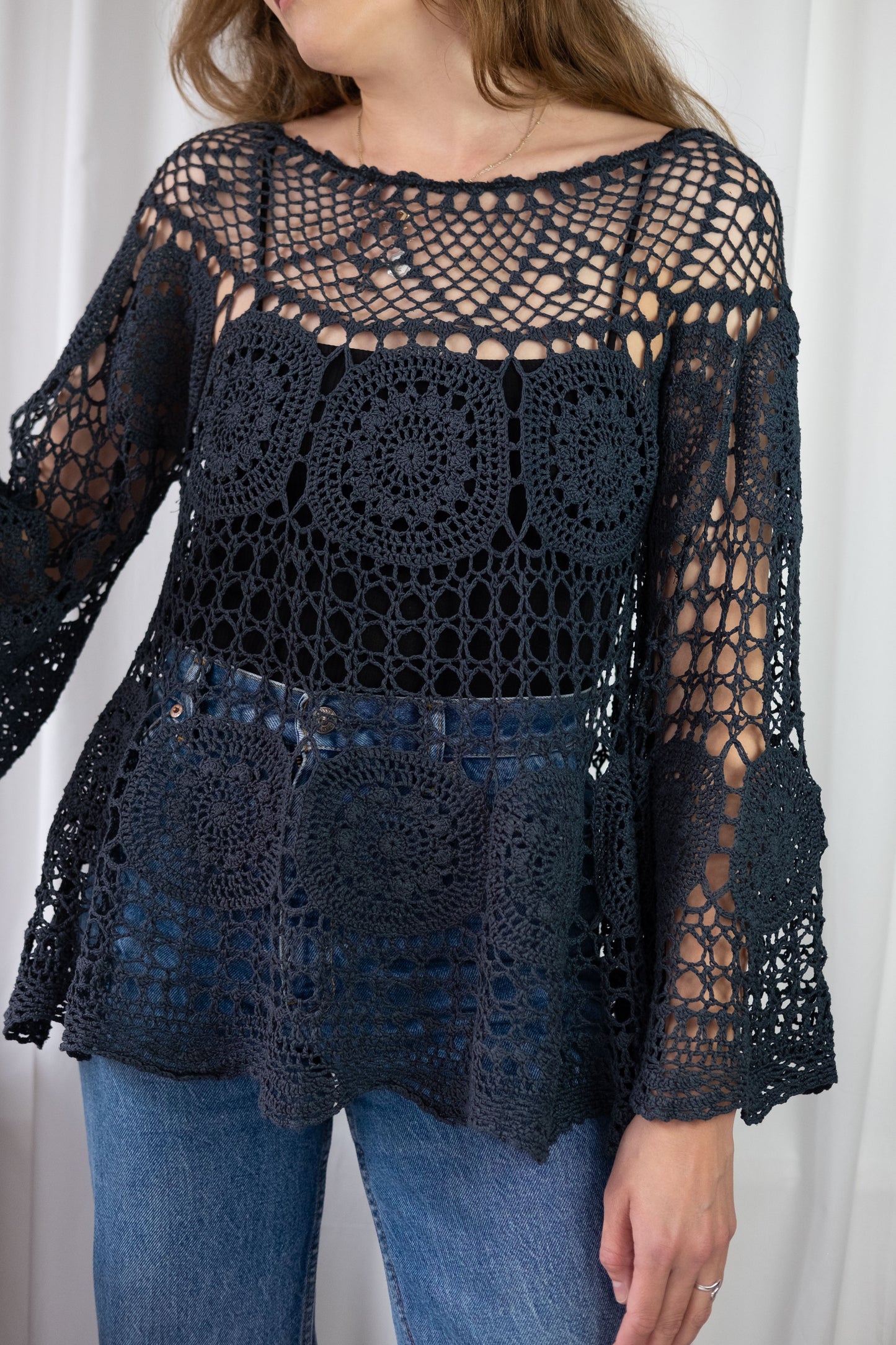 Calla ~ Reworked Vintage Crochet Bell Sleeve Top - M