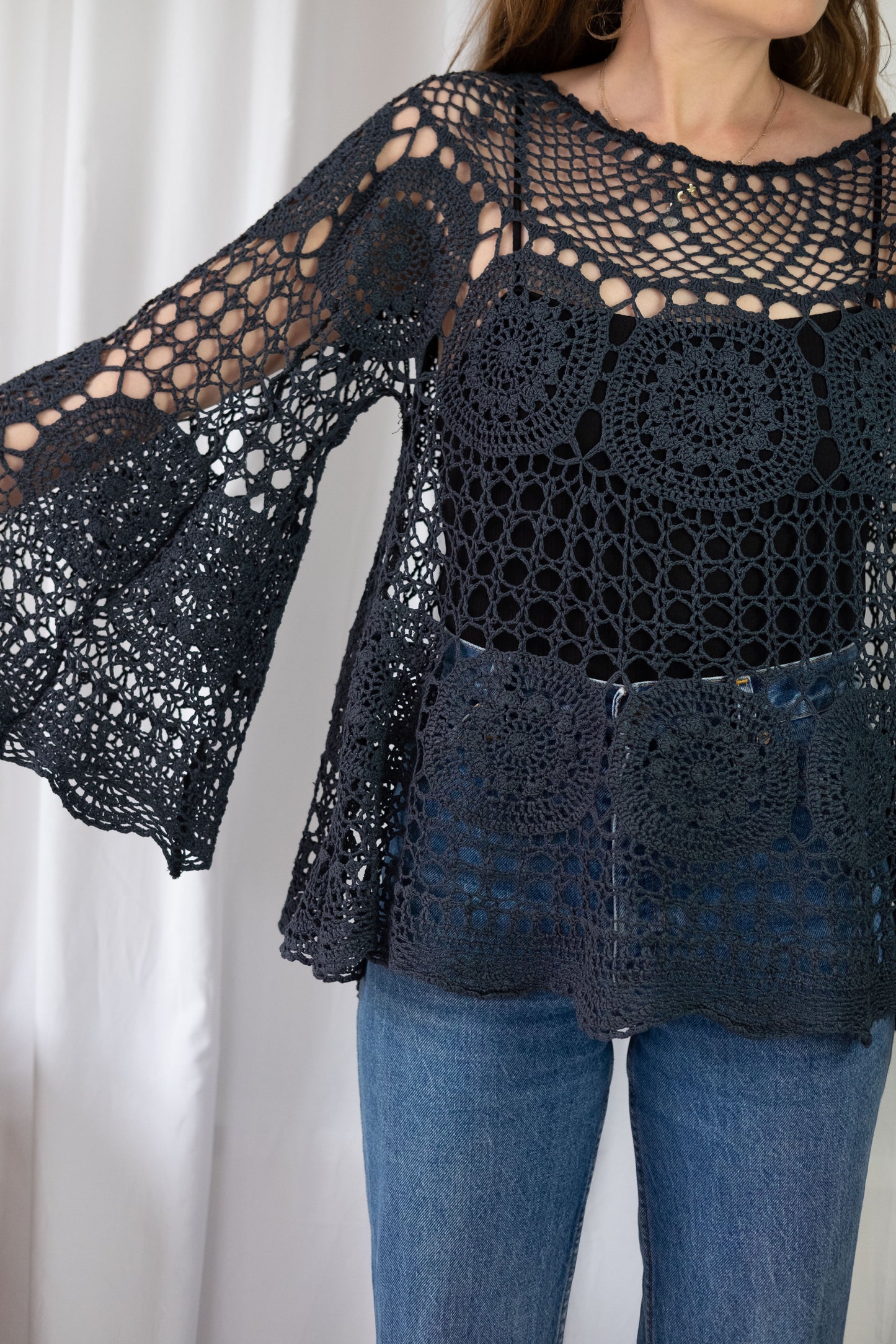 Calla ~ Reworked Vintage Crochet Bell Sleeve Top - M