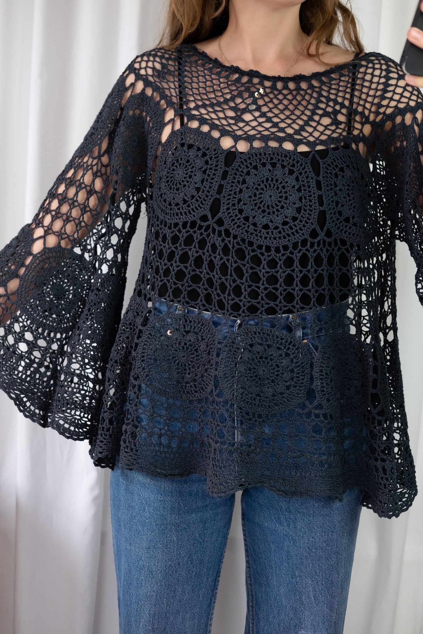 Calla ~ Reworked Vintage Crochet Bell Sleeve Top - M