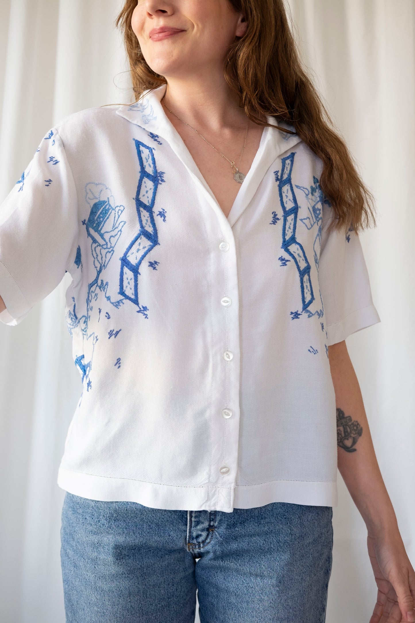 Sialia ~ Reworked Vintage Embroidered Cotton Shirt - L