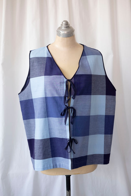 Hydrangea ~ Reworked Blue Check Tie Waistcoat - L