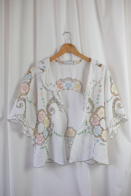 Camille ~ Reworked Vintage Linen Embroidered Shirt - One Size