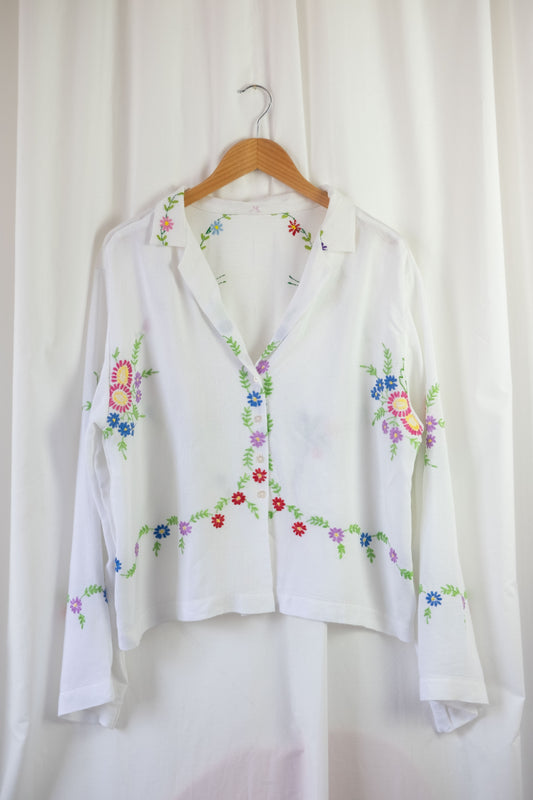 Clematis ~ Reworked Vintage Linen Embroidered Shirt - L/XL