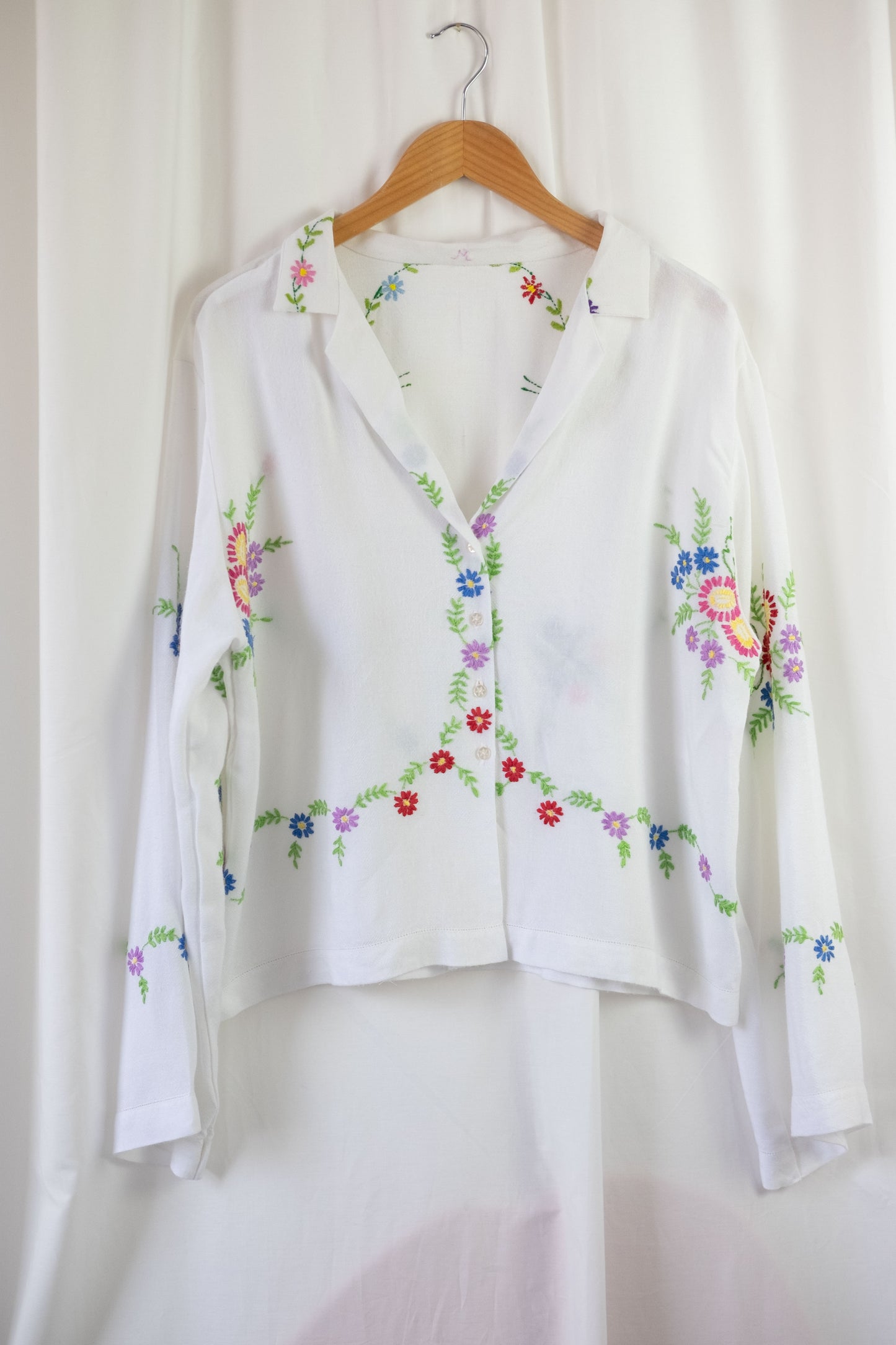 Clematis ~ Reworked Vintage Linen Embroidered Shirt - L/XL