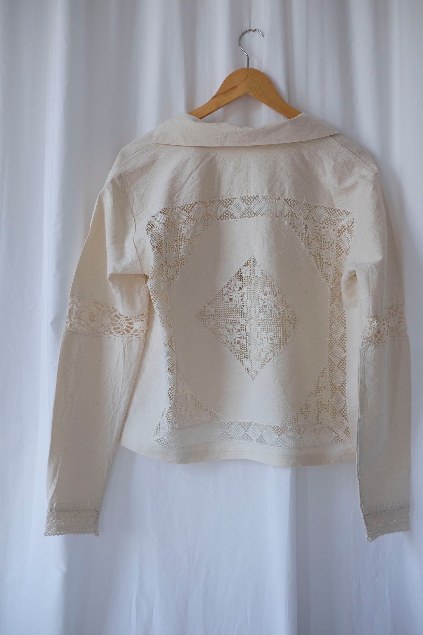 Astrantia ~ Reworked Vintage Linen Antique Lace Tie Shirt - S