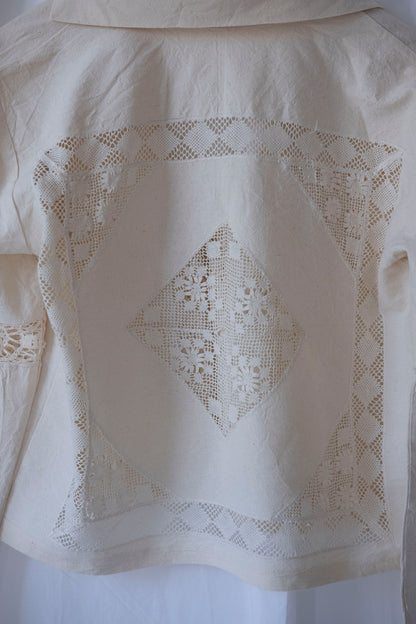 Astrantia ~ Reworked Vintage Linen Antique Lace Tie Shirt - S