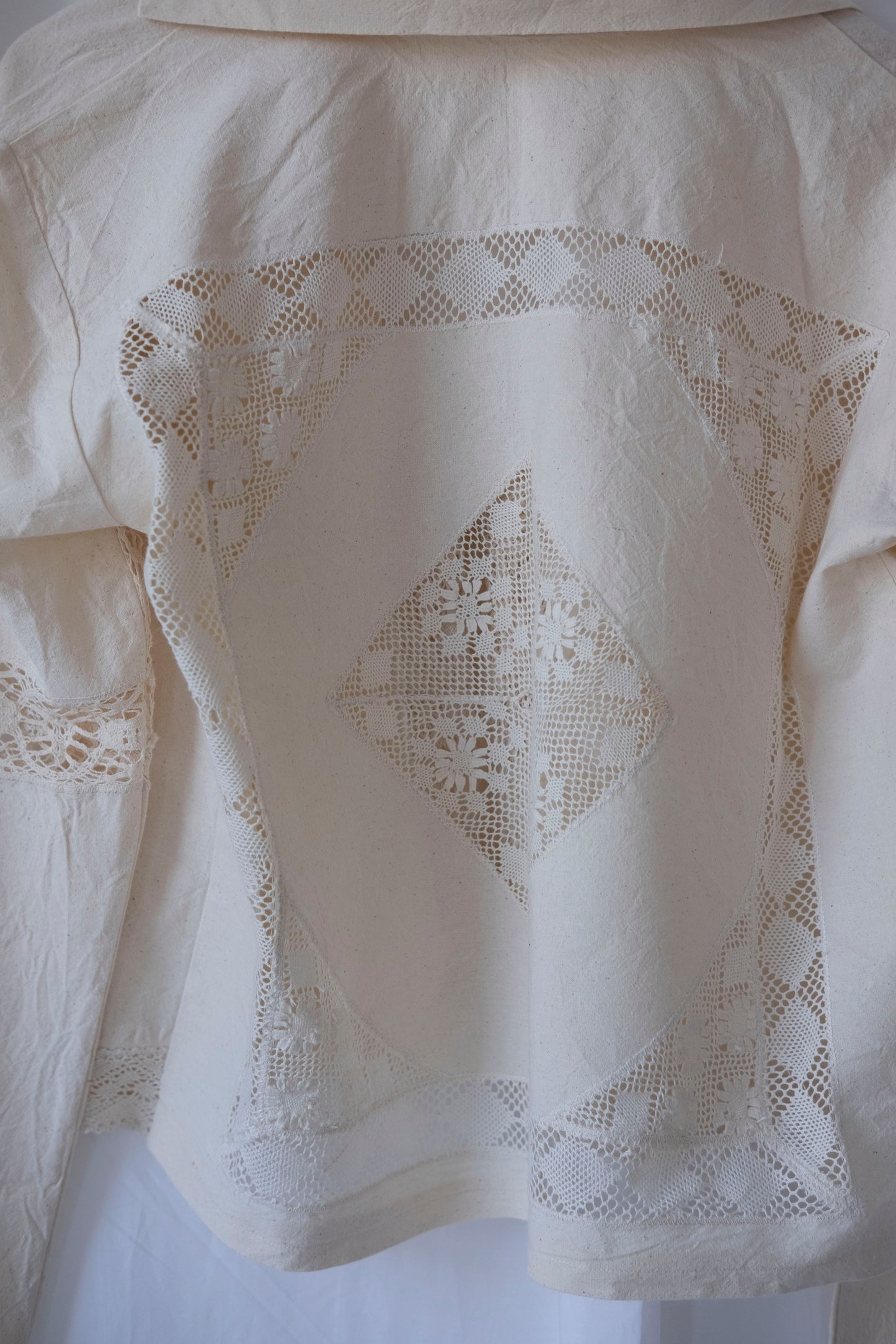 Astrantia ~ Reworked Vintage Linen Antique Lace Tie Shirt - S