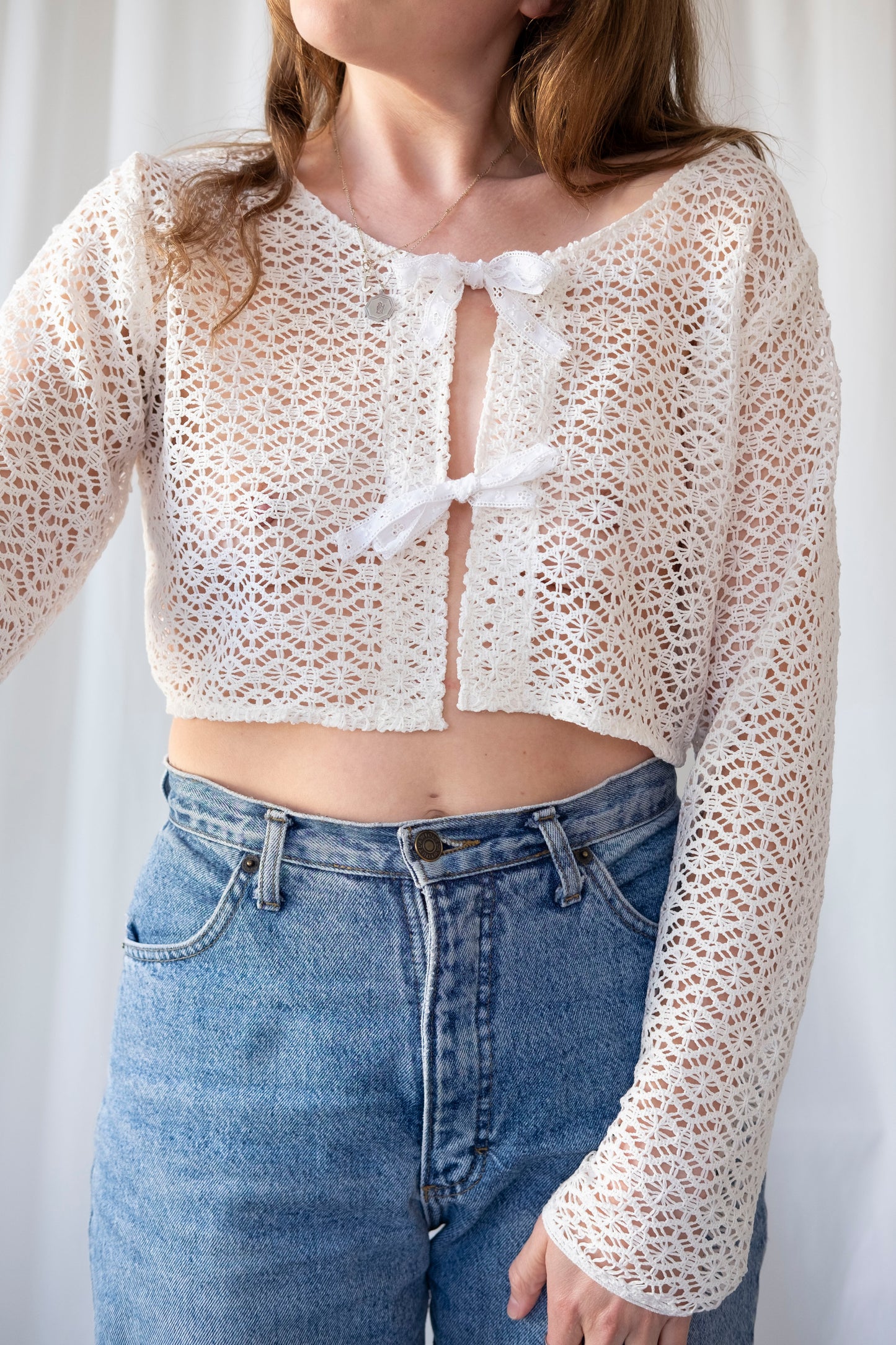 Sage ~ Reworked Vintage Lace Crochet Tie Top - S