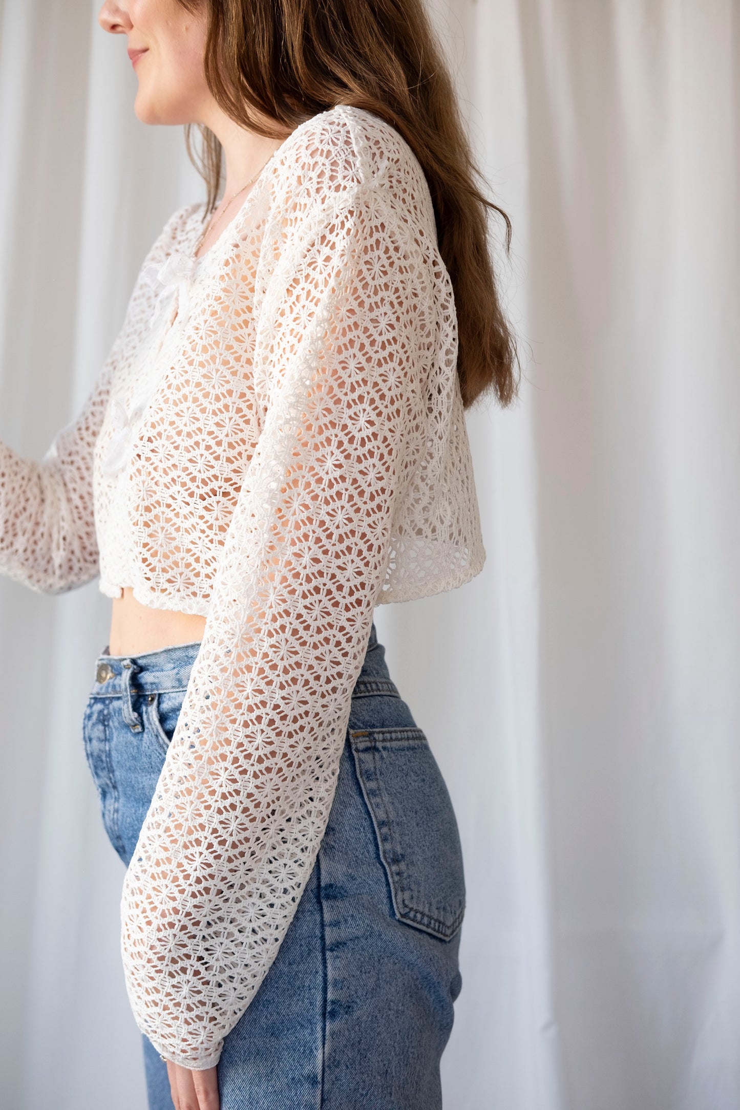 Sage ~ Reworked Vintage Lace Crochet Tie Top - S