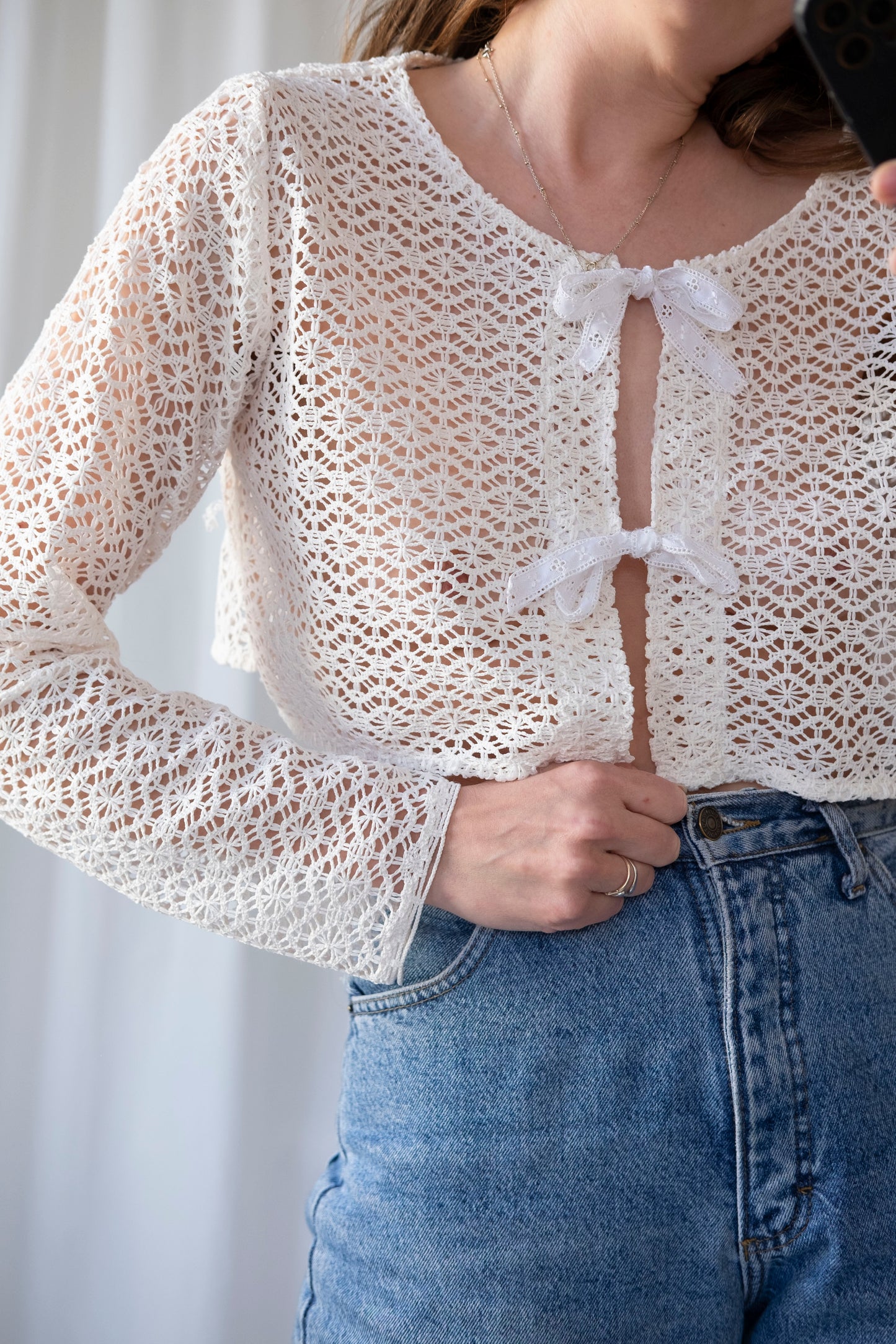 Sage ~ Reworked Vintage Lace Crochet Tie Top - S