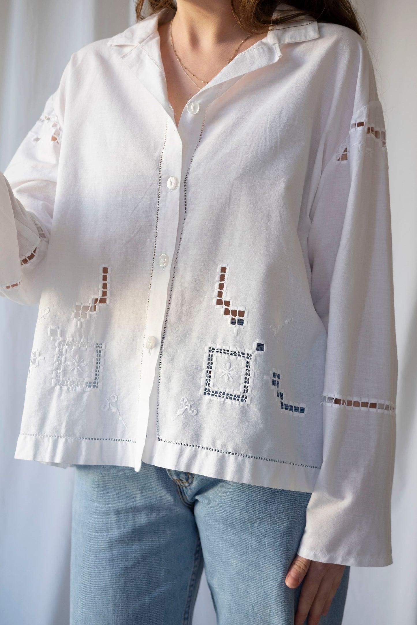 Lily of the Valley ~ Reworked Cotton Tablecloth Shirt ~ L/XL