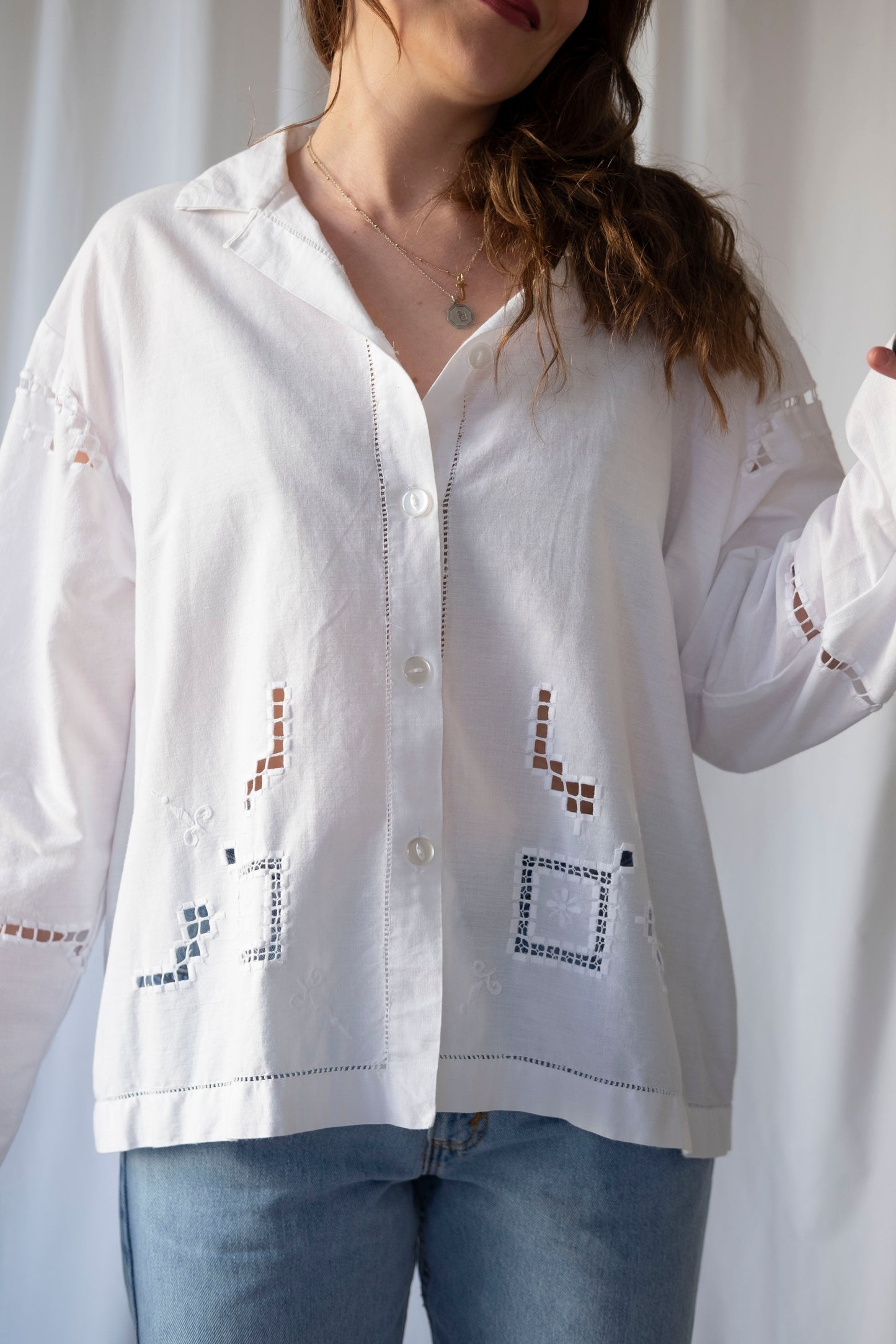 Lily of the Valley ~ Reworked Cotton Tablecloth Shirt ~ L/XL