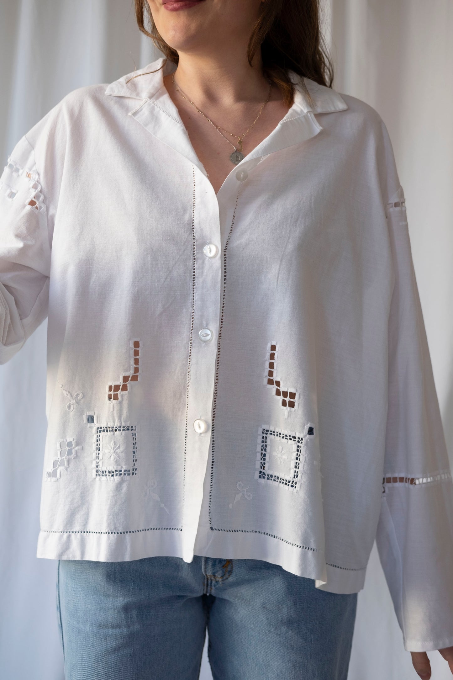 Lily of the Valley ~ Reworked Cotton Tablecloth Shirt ~ L/XL