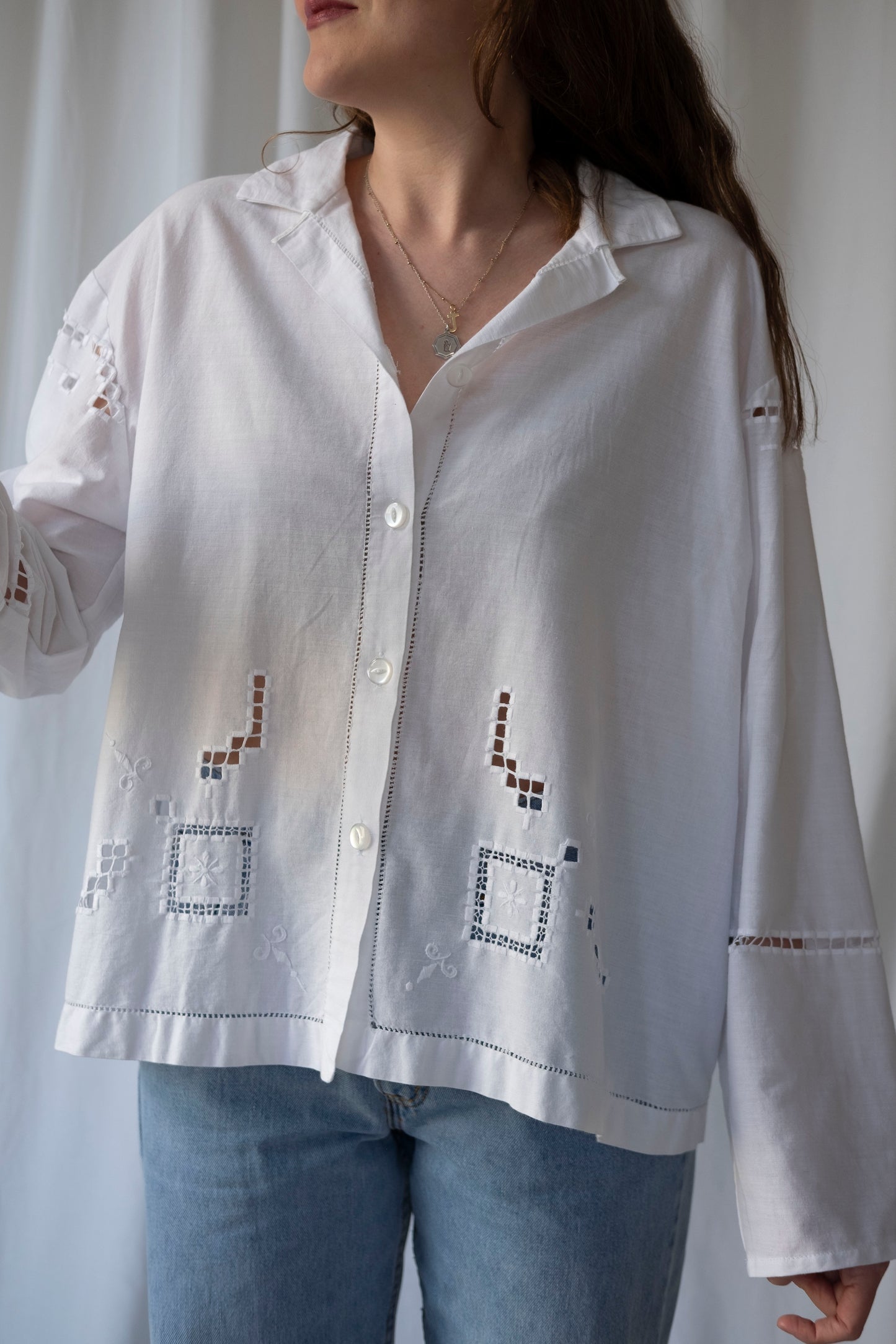 Lily of the Valley ~ Reworked Cotton Tablecloth Shirt ~ L/XL