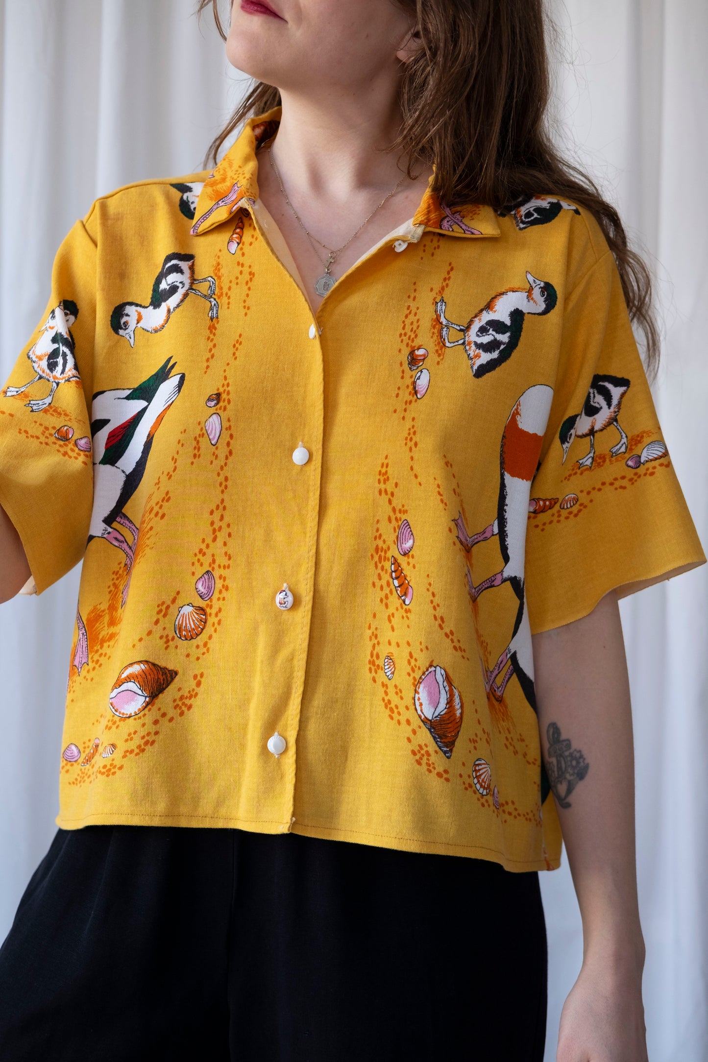 Shelduck ~ Reworked Linen Tablecloth Duck Shirt ~ M