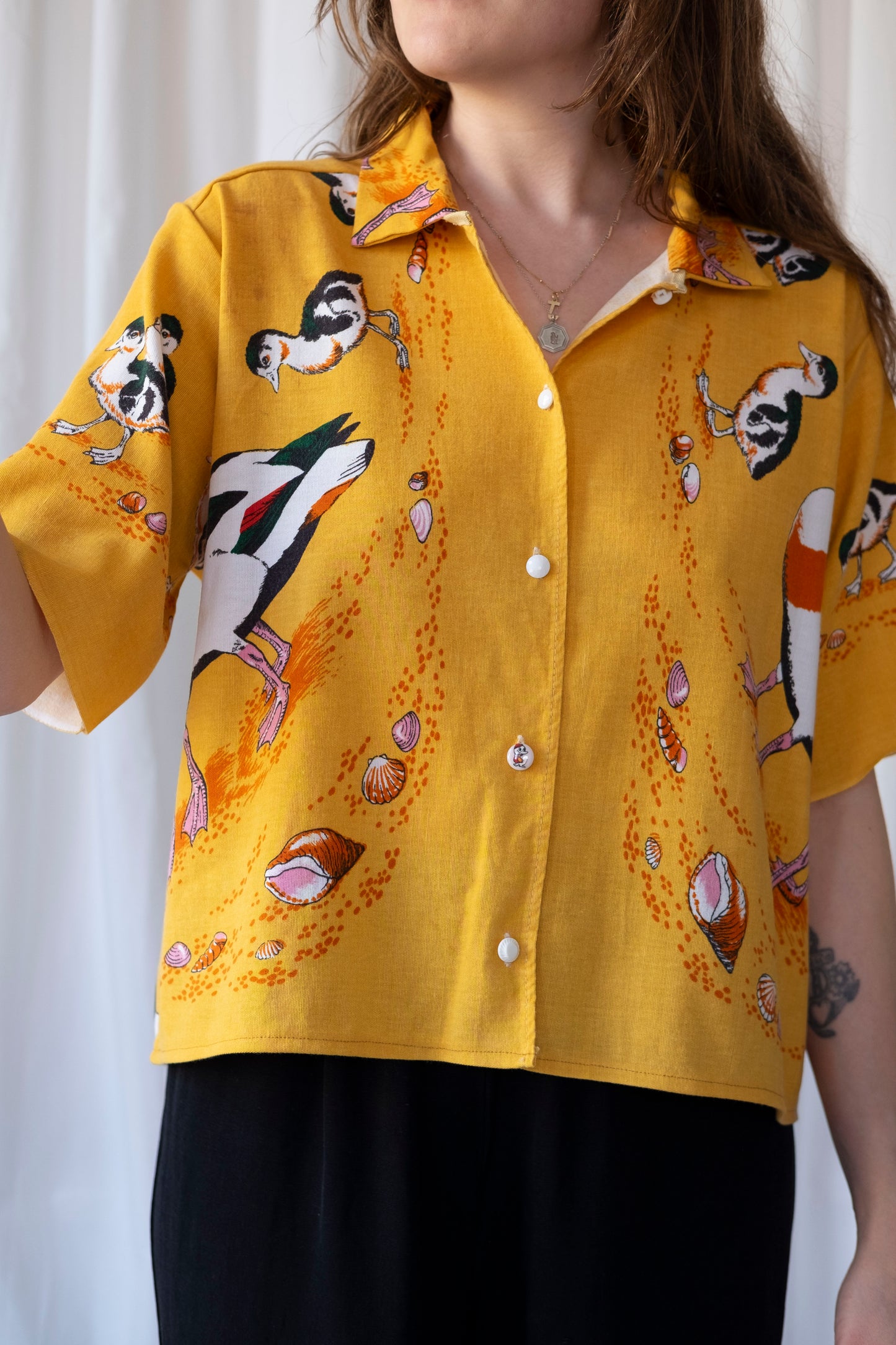 Shelduck ~ Reworked Linen Tablecloth Duck Shirt ~ M