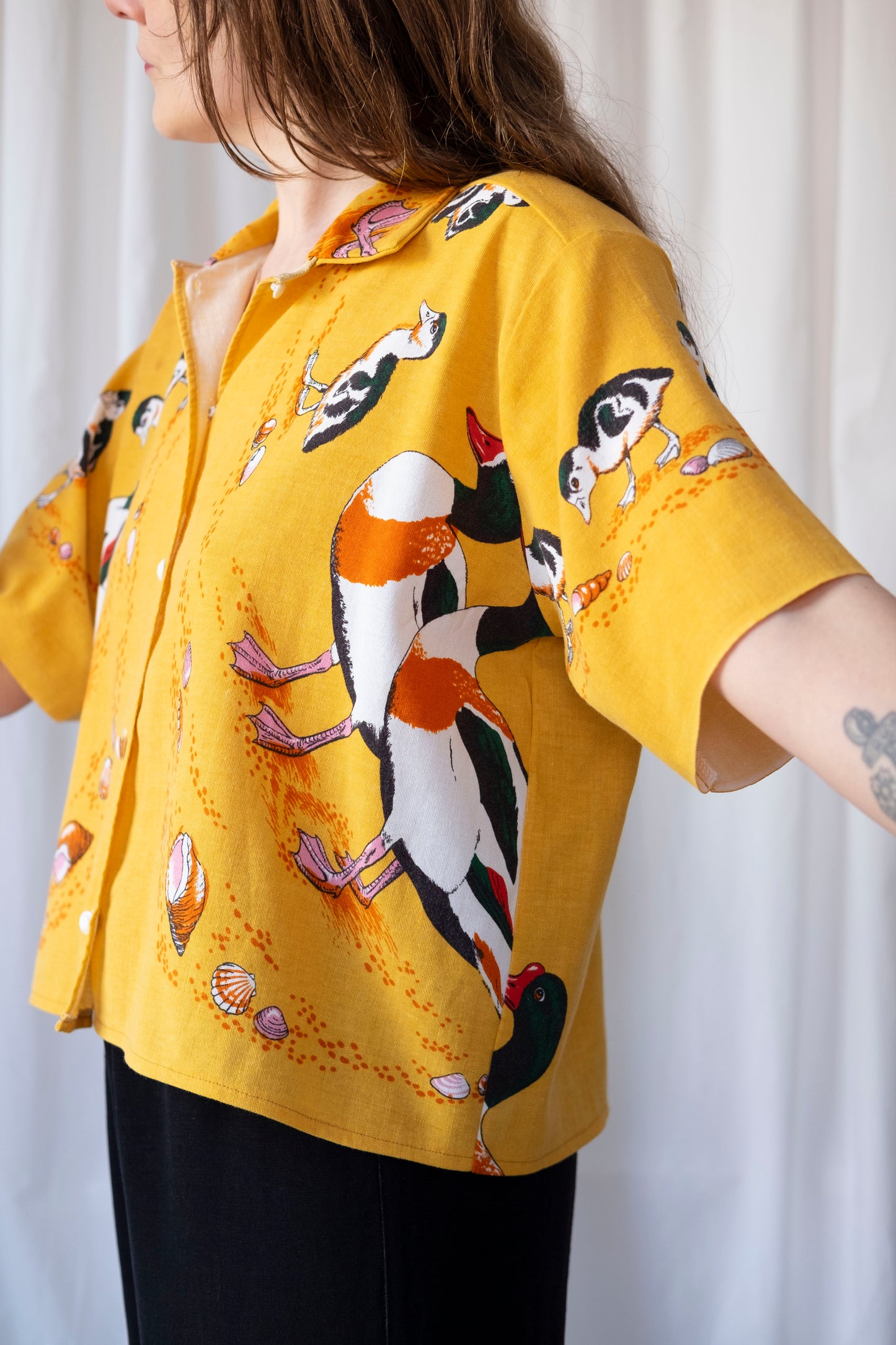 Shelduck ~ Reworked Linen Tablecloth Duck Shirt ~ M