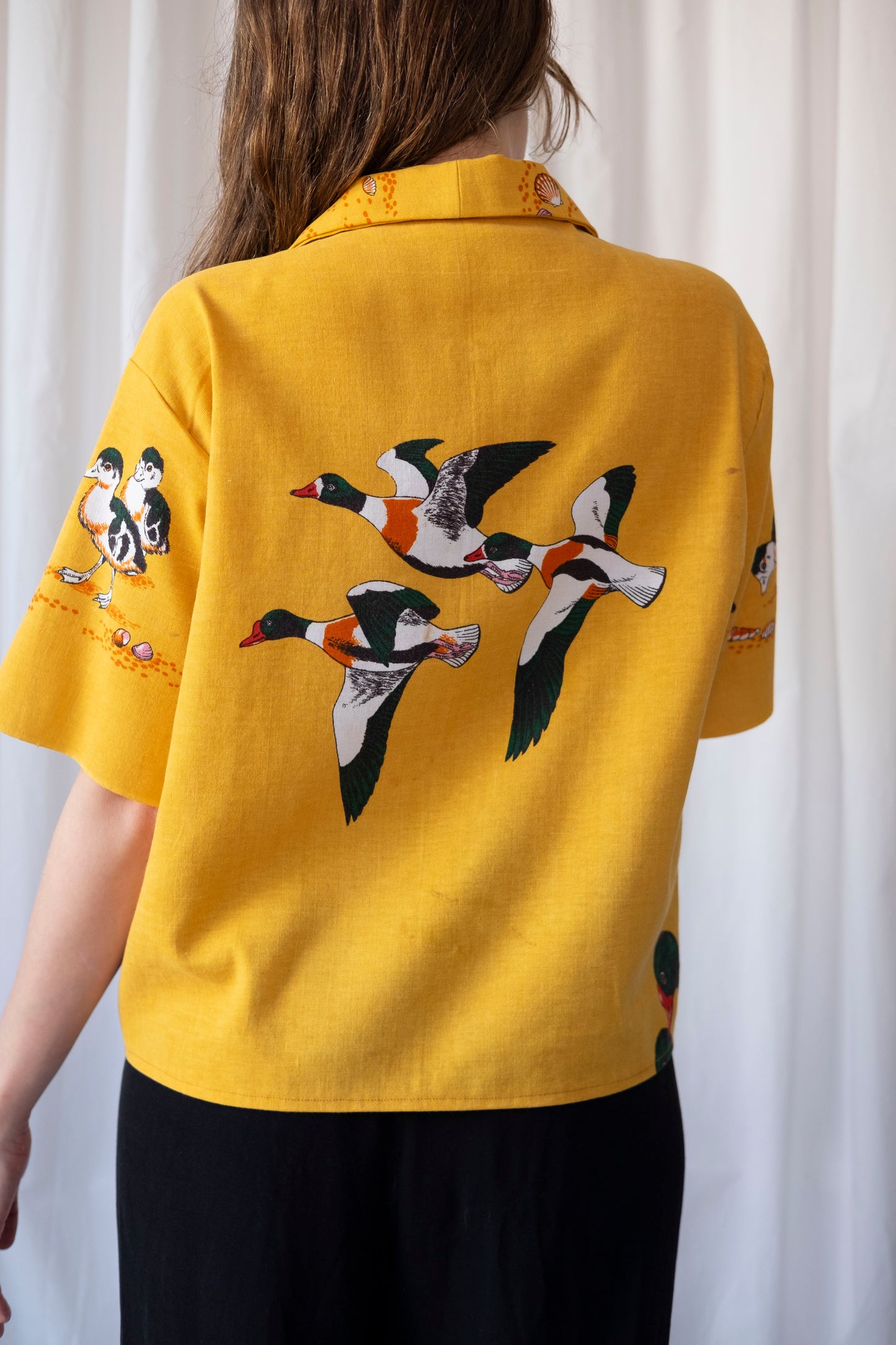 Shelduck ~ Reworked Linen Tablecloth Duck Shirt ~ M