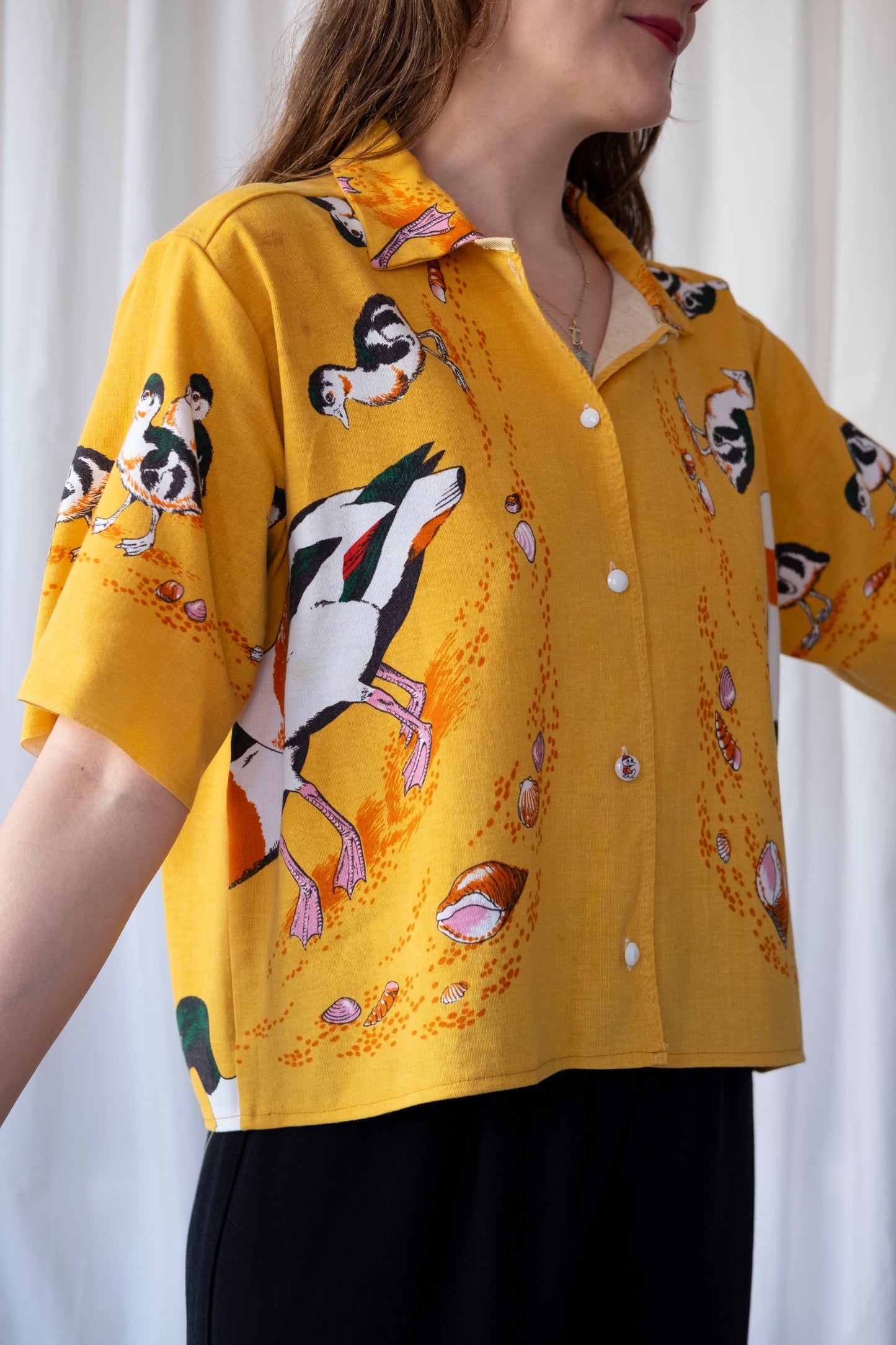 Shelduck ~ Reworked Linen Tablecloth Duck Shirt ~ M