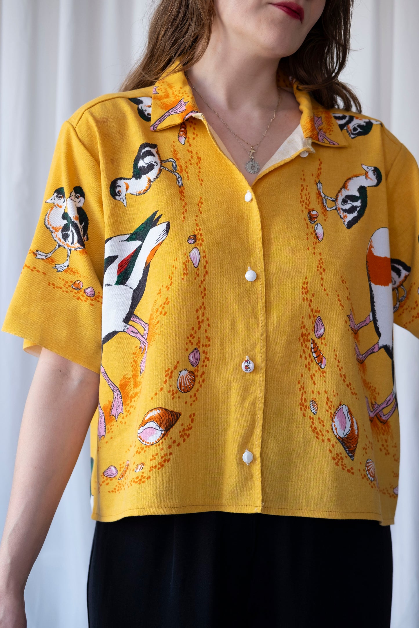 Shelduck ~ Reworked Linen Tablecloth Duck Shirt ~ M