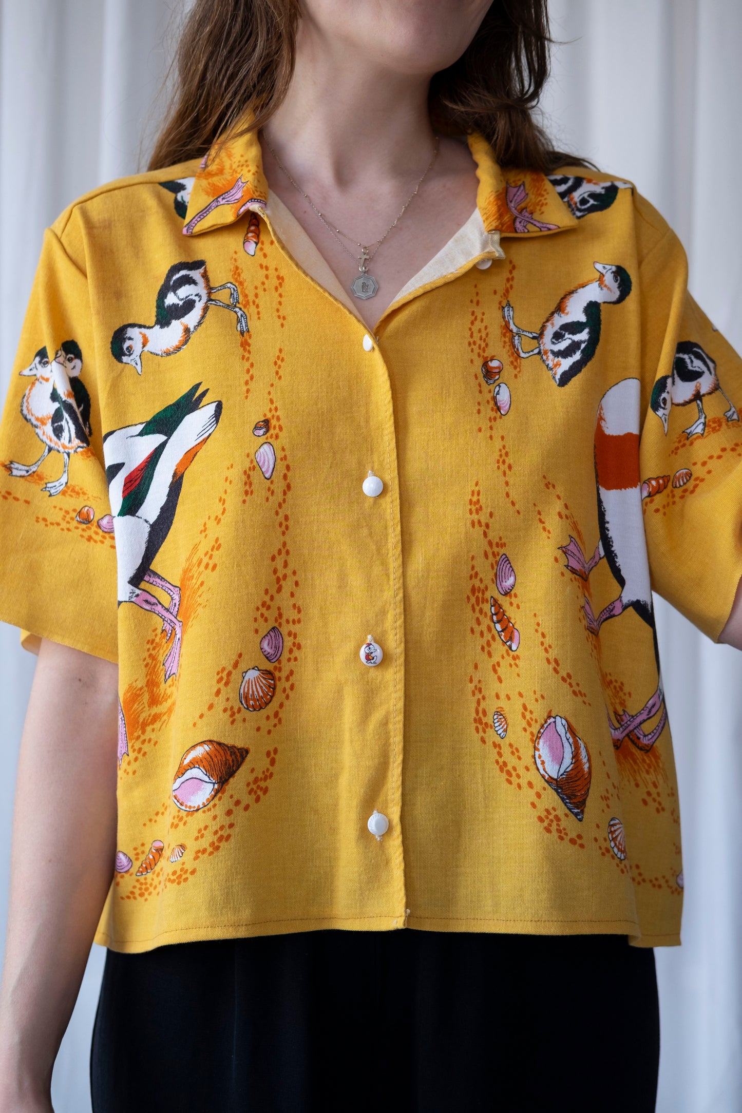 Shelduck ~ Reworked Linen Tablecloth Duck Shirt ~ M