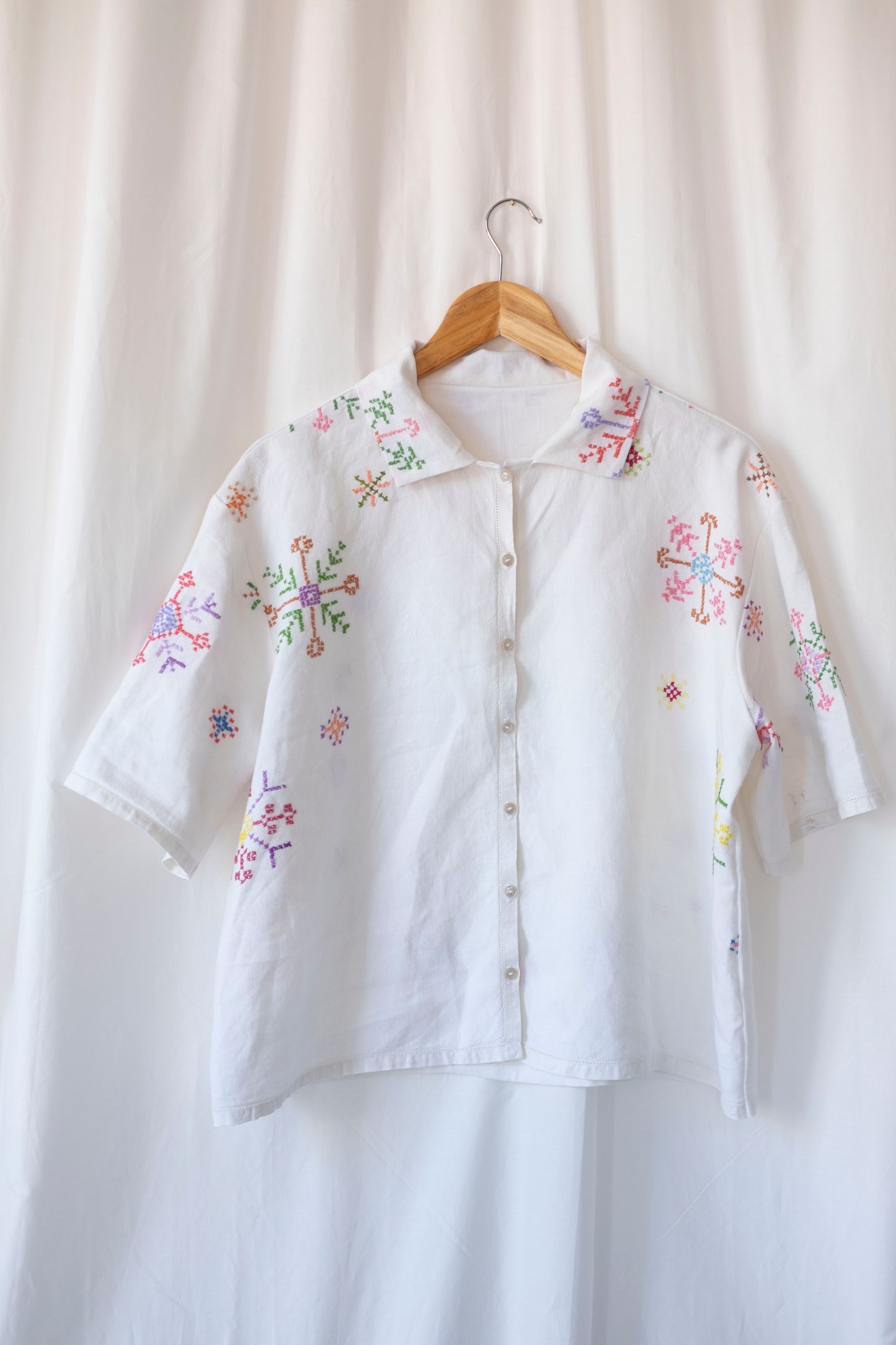 Lotus ~ Reworked Embroidered Tablecloth Shirt ~ L