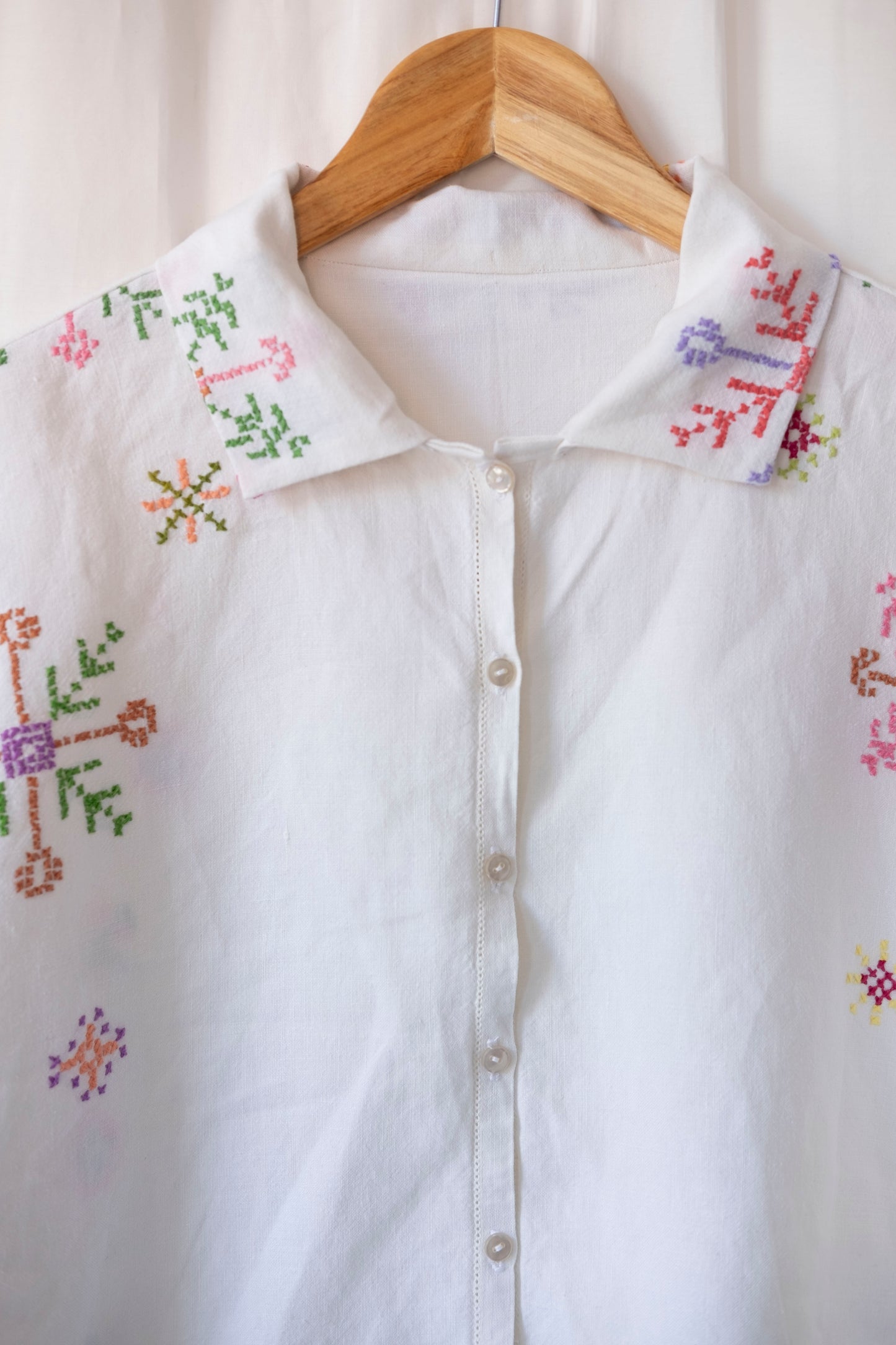 Lotus ~ Reworked Embroidered Tablecloth Shirt ~ L