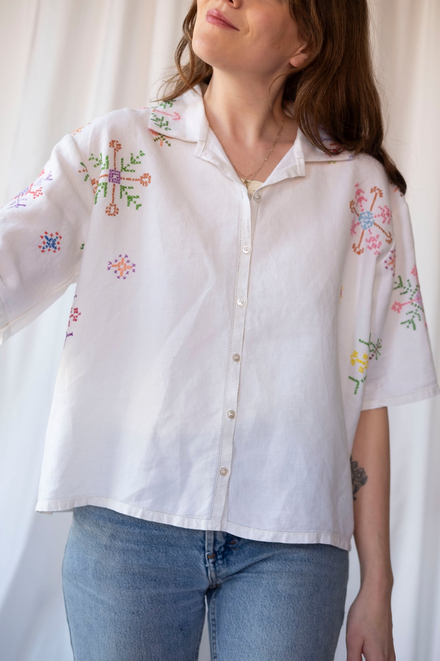 Lotus ~ Reworked Embroidered Tablecloth Shirt ~ L