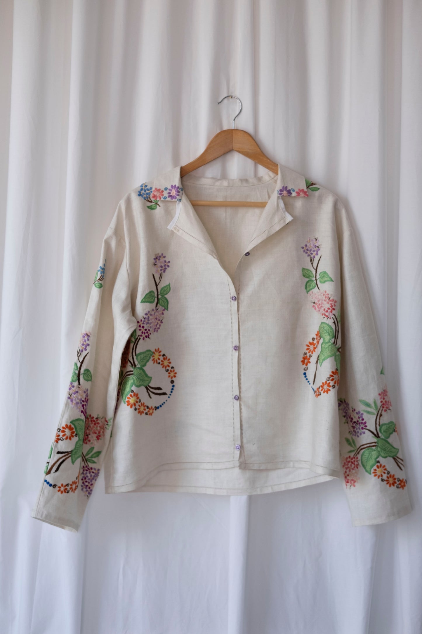 Lilac ~ Reworked Heavy Linen Embroidered Overshirt ~ L/XL