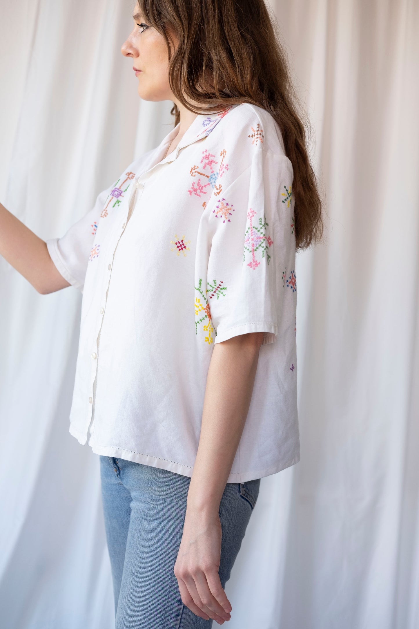 Lotus ~ Reworked Embroidered Tablecloth Shirt ~ L