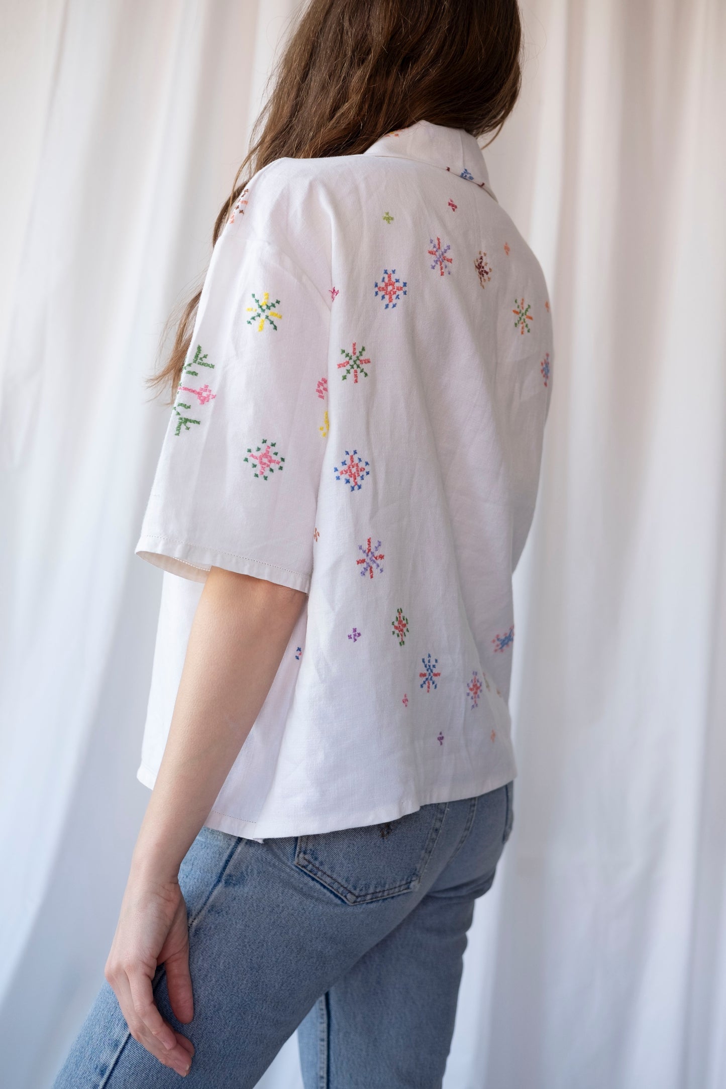 Lotus ~ Reworked Embroidered Tablecloth Shirt ~ L