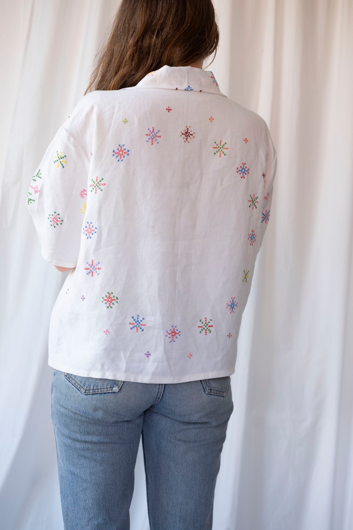 Lotus ~ Reworked Embroidered Tablecloth Shirt ~ L