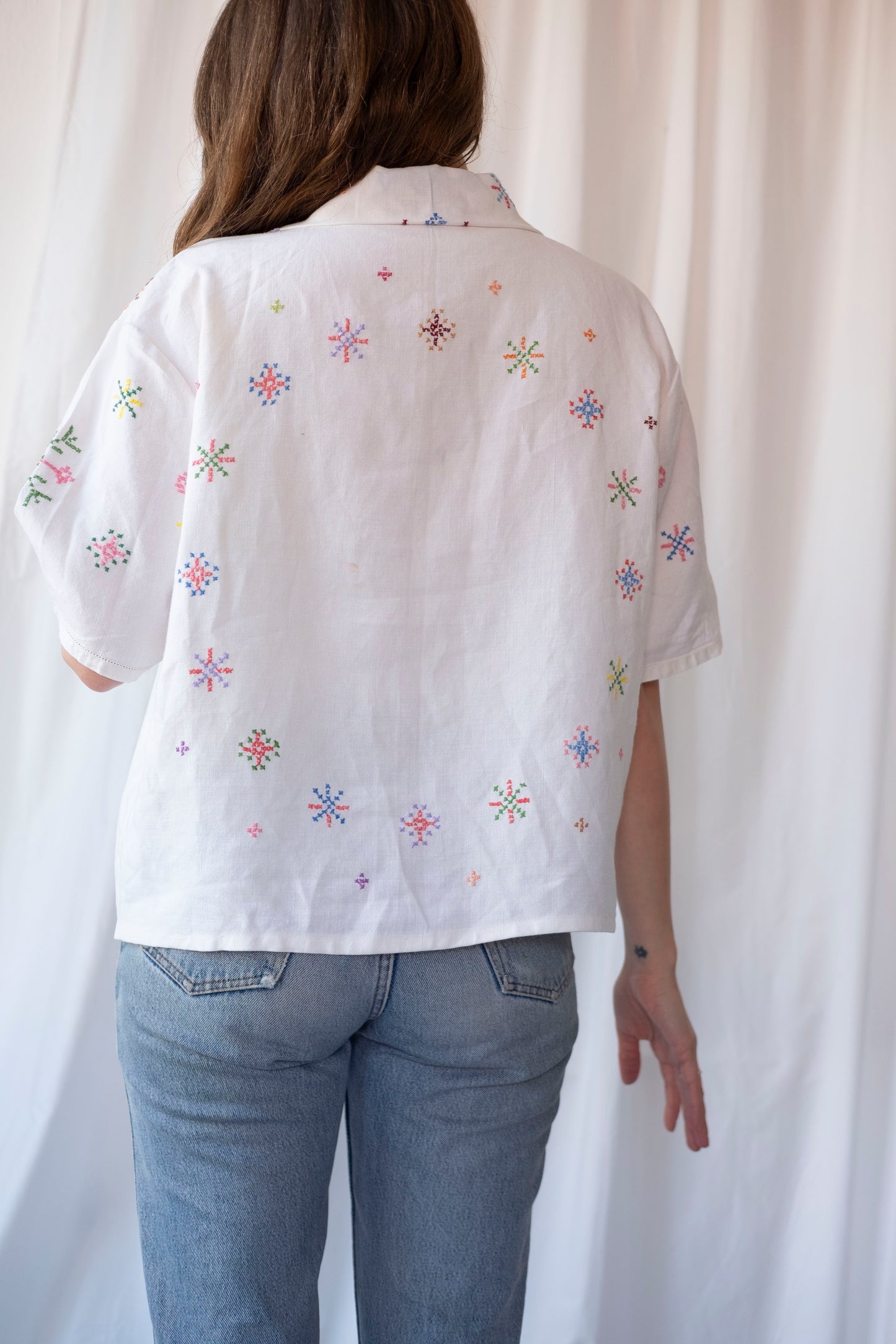 Lotus ~ Reworked Embroidered Tablecloth Shirt ~ L