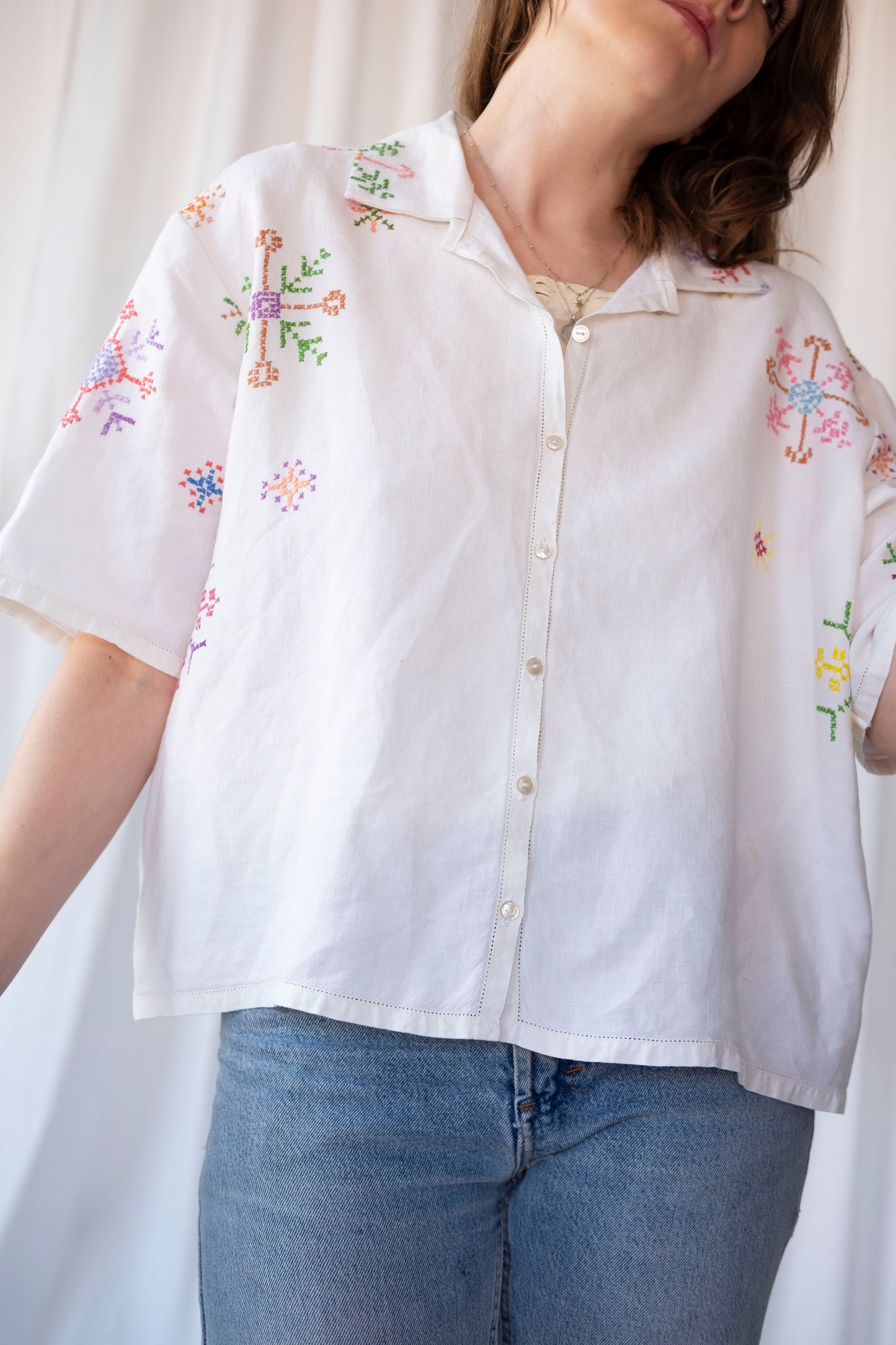 Lotus ~ Reworked Embroidered Tablecloth Shirt ~ L