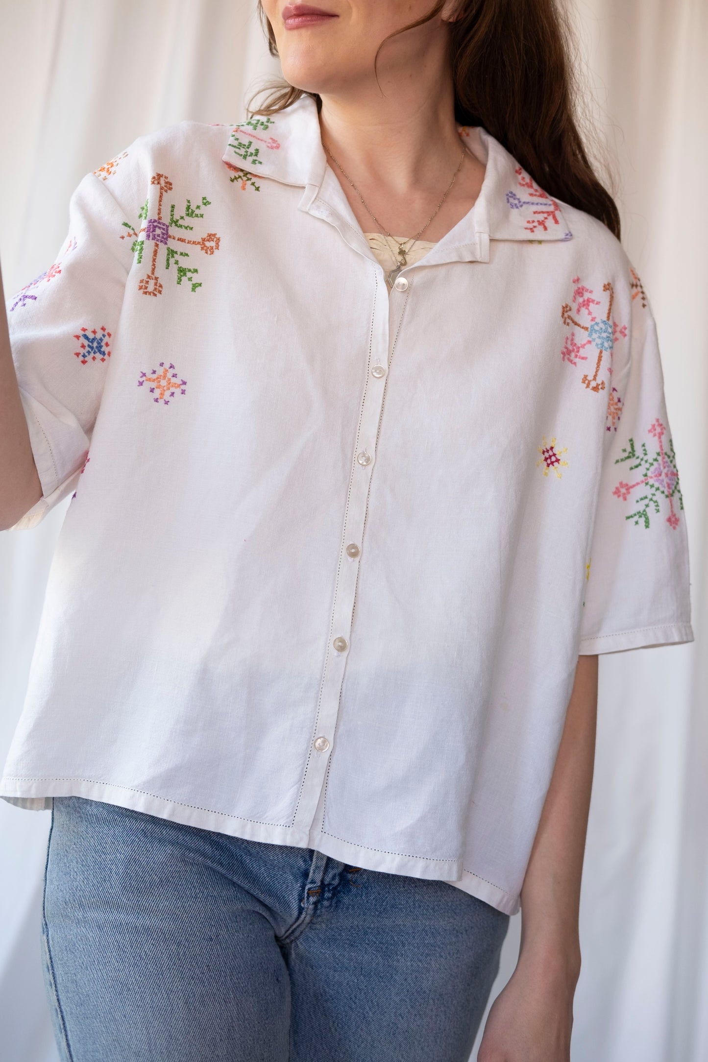 Lotus ~ Reworked Embroidered Tablecloth Shirt ~ L