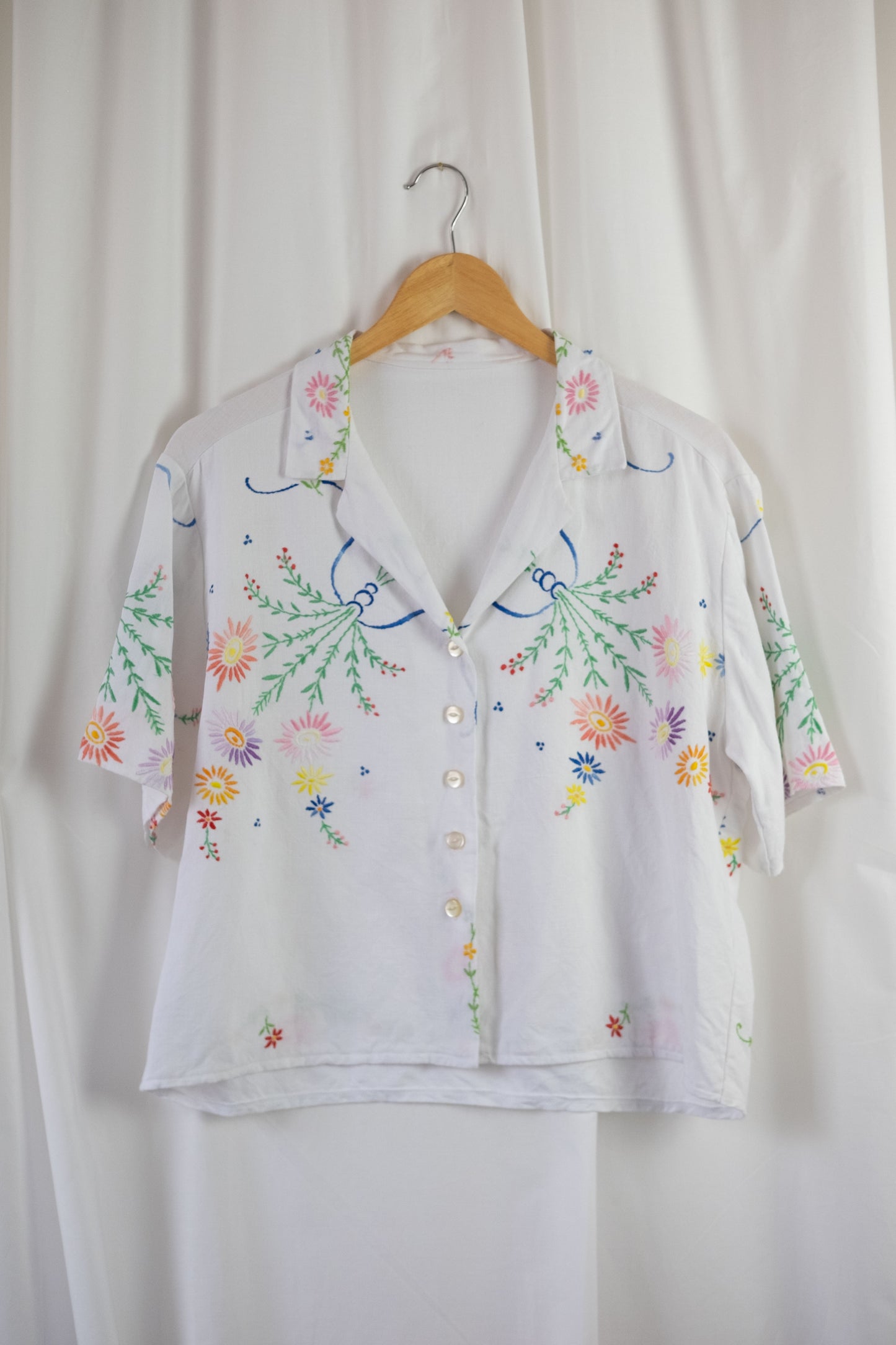 Freesia ~ Reworked Vintage Linen Embroidered Shirt - S/M