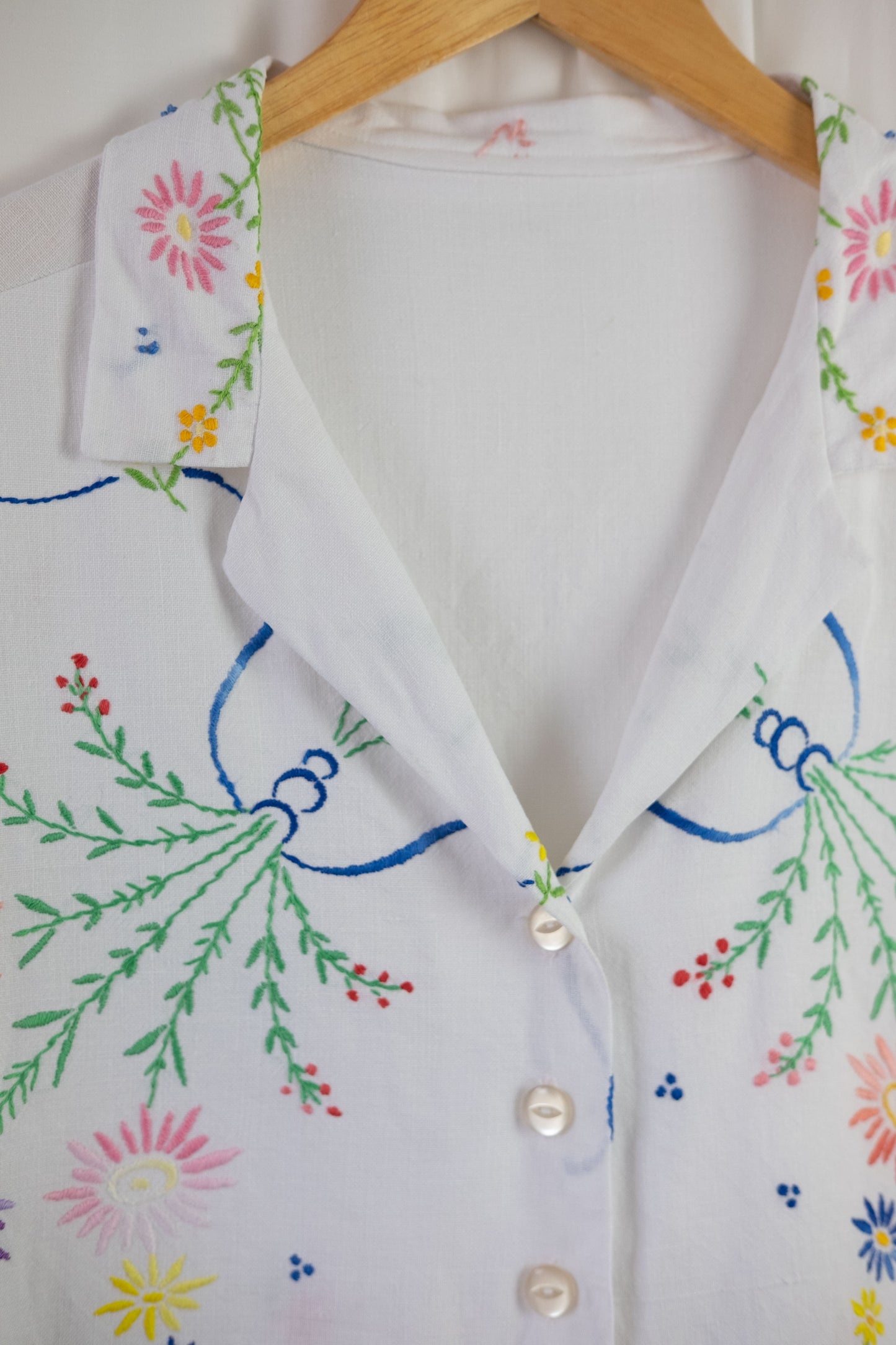 Freesia ~ Reworked Vintage Linen Embroidered Shirt - S/M