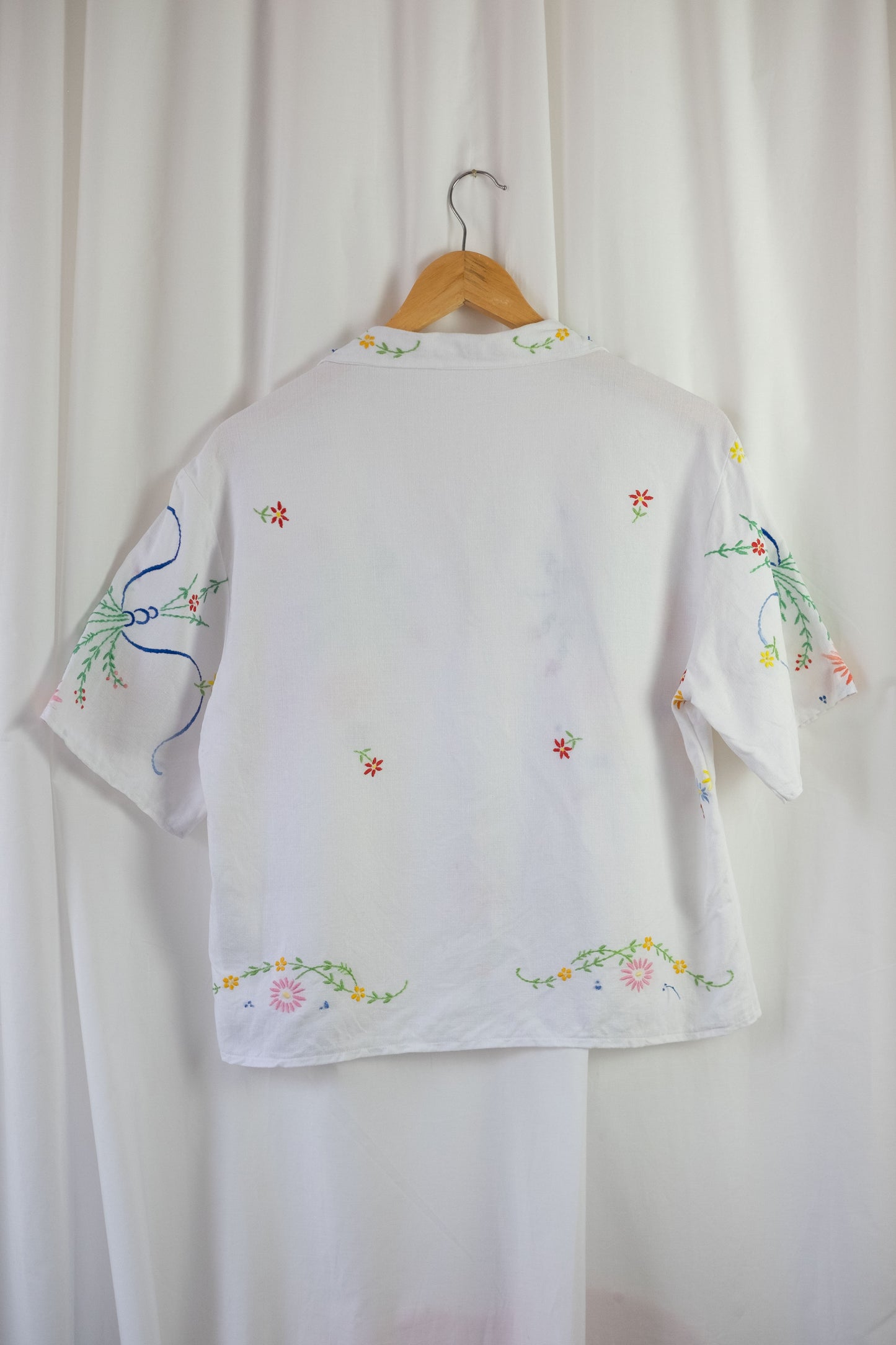 Freesia ~ Reworked Vintage Linen Embroidered Shirt - S/M