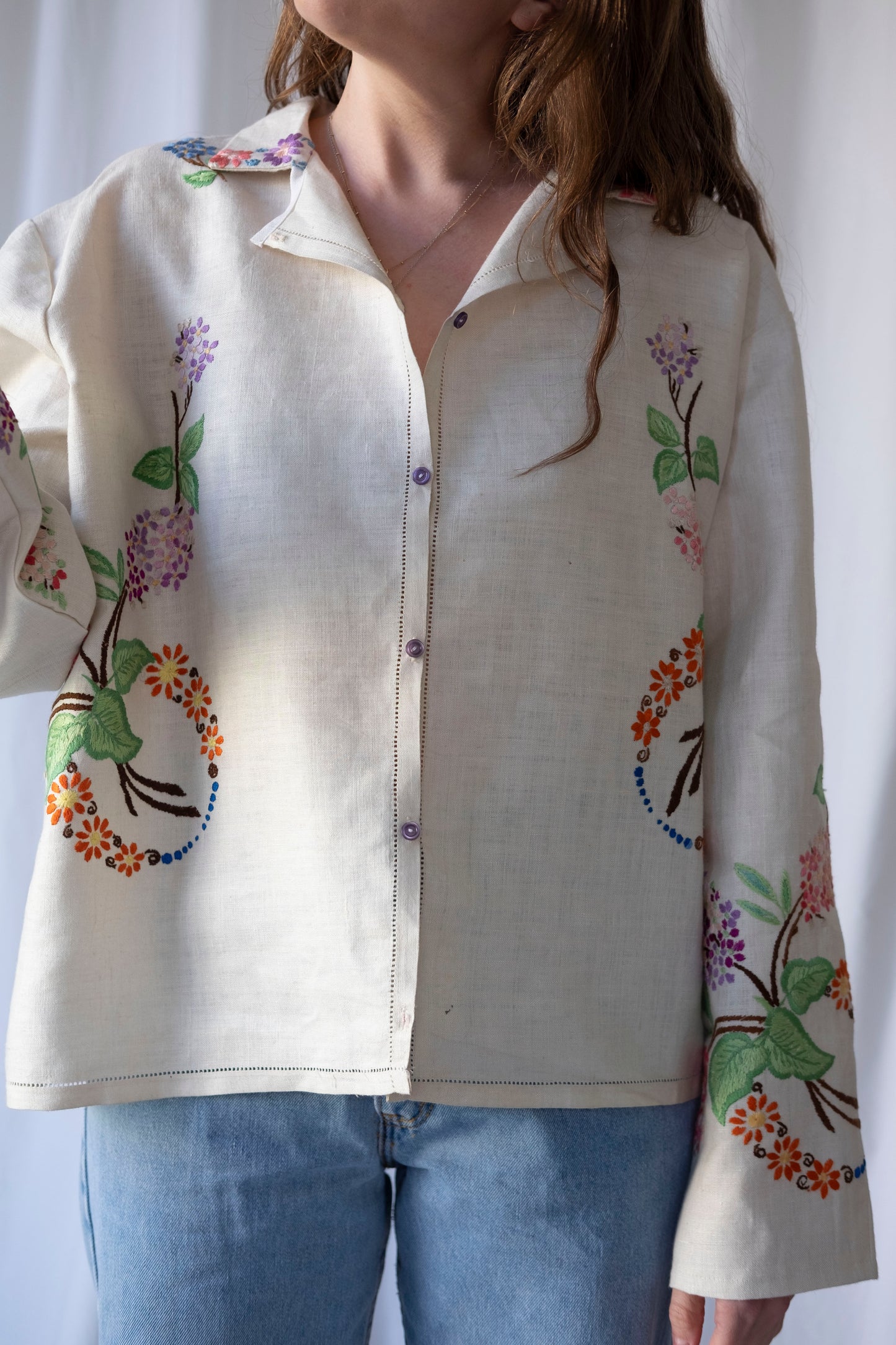 Lilac ~ Reworked Heavy Linen Embroidered Overshirt ~ L/XL