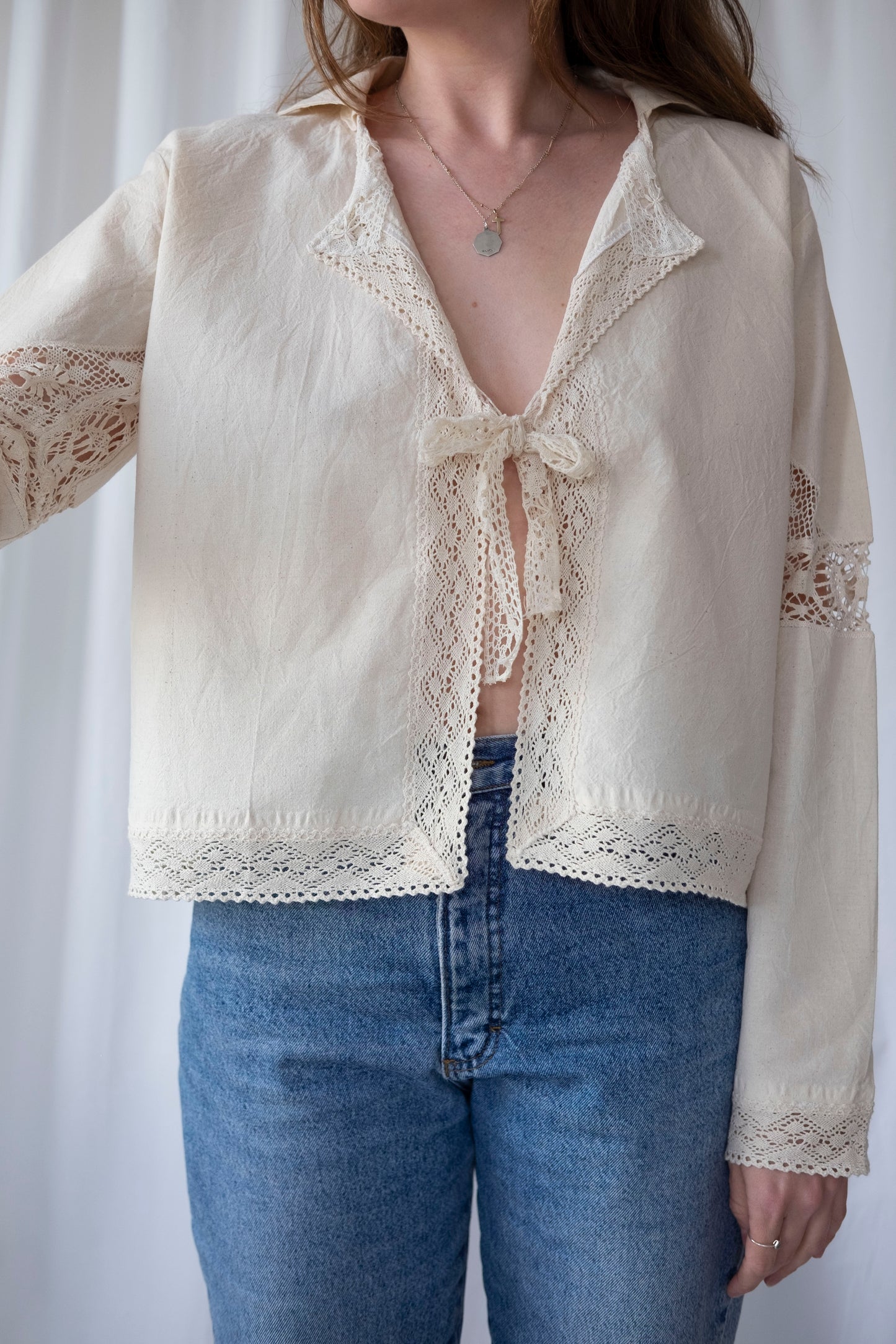 Astrantia ~ Reworked Vintage Linen Antique Lace Tie Shirt - S