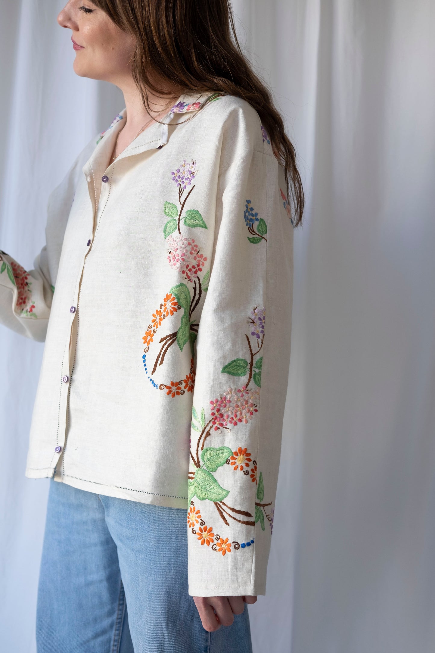 Lilac ~ Reworked Heavy Linen Embroidered Overshirt ~ L/XL