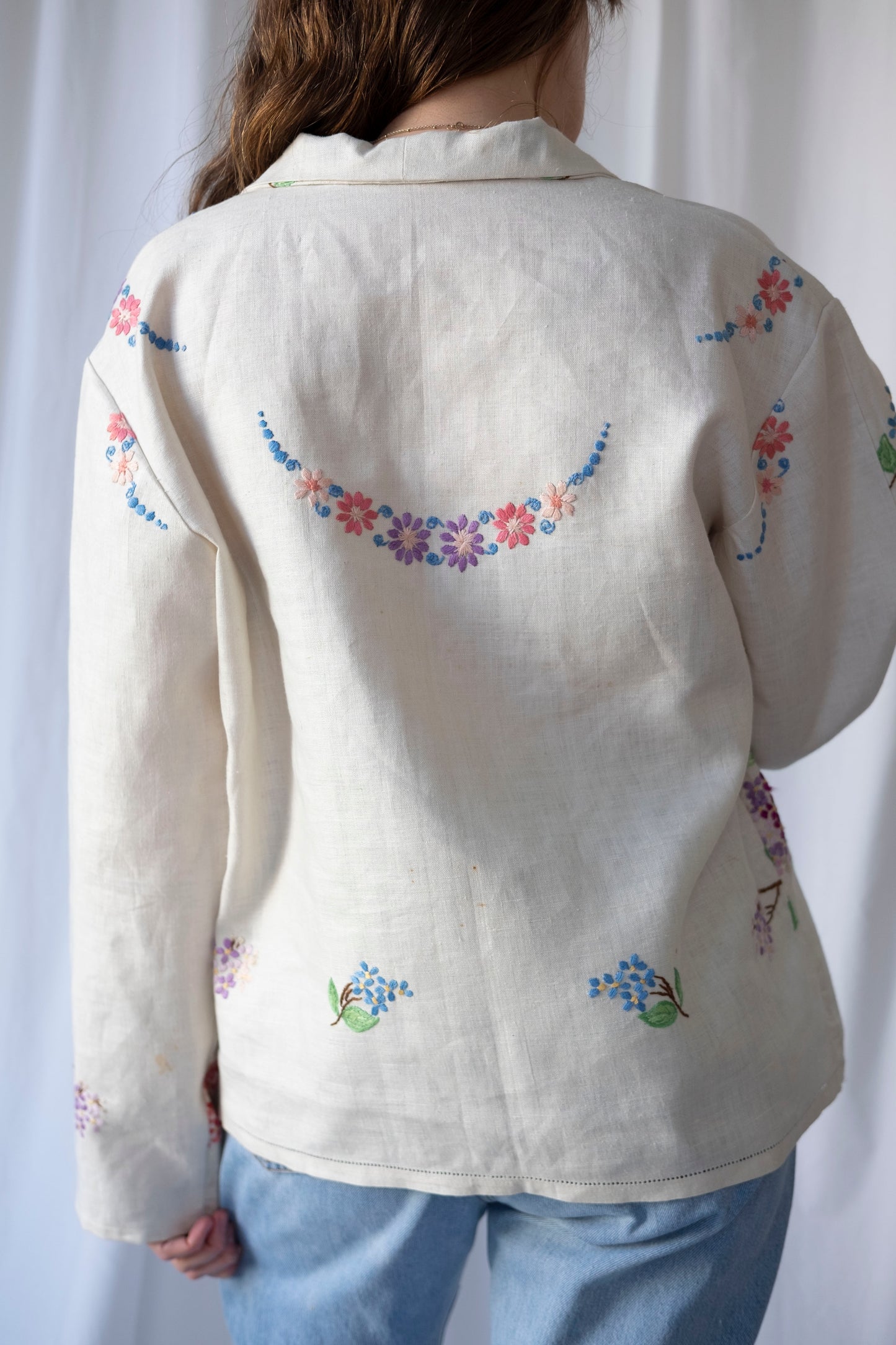 Lilac ~ Reworked Heavy Linen Embroidered Overshirt ~ L/XL