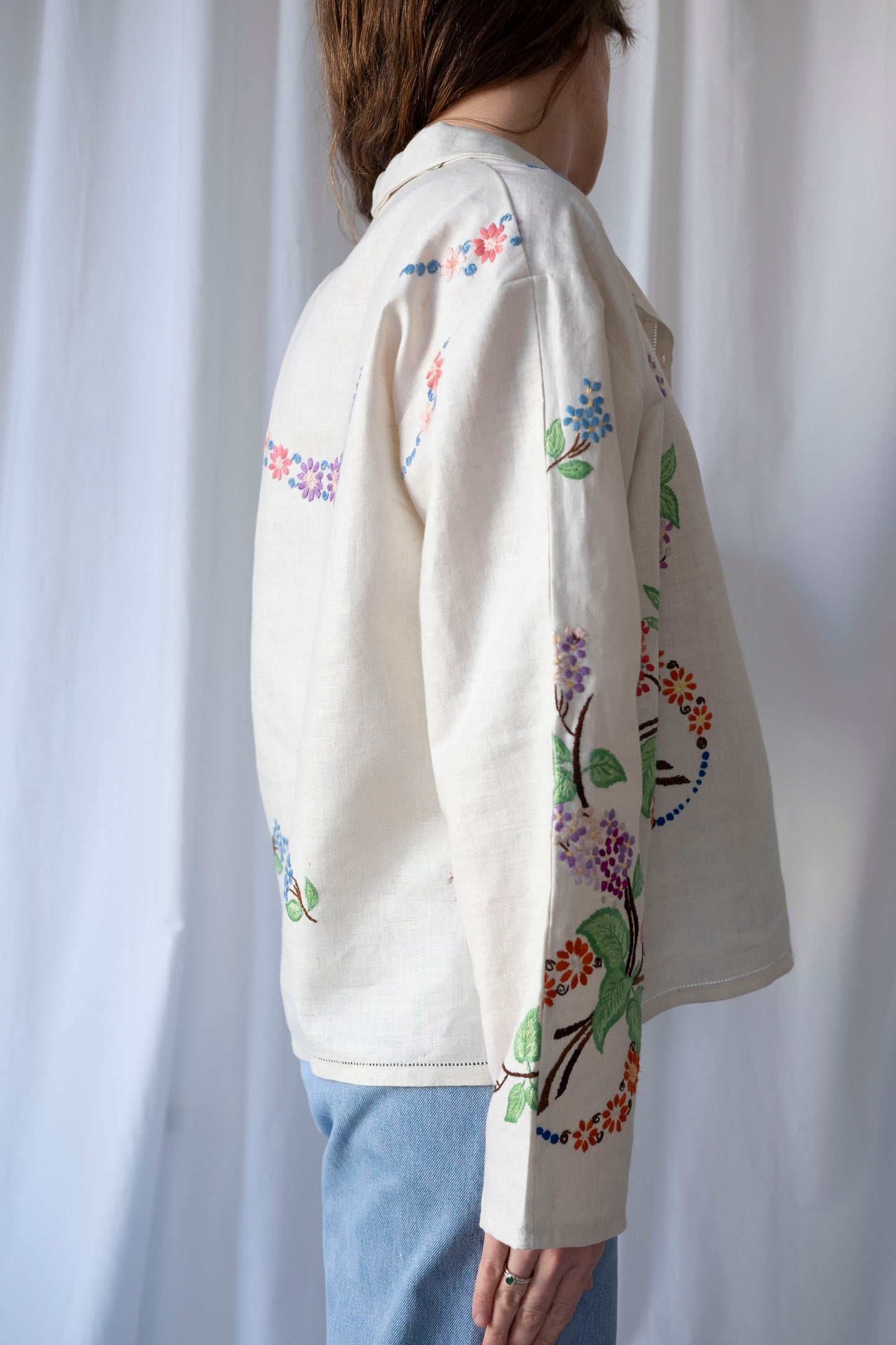 Lilac ~ Reworked Heavy Linen Embroidered Overshirt ~ L/XL