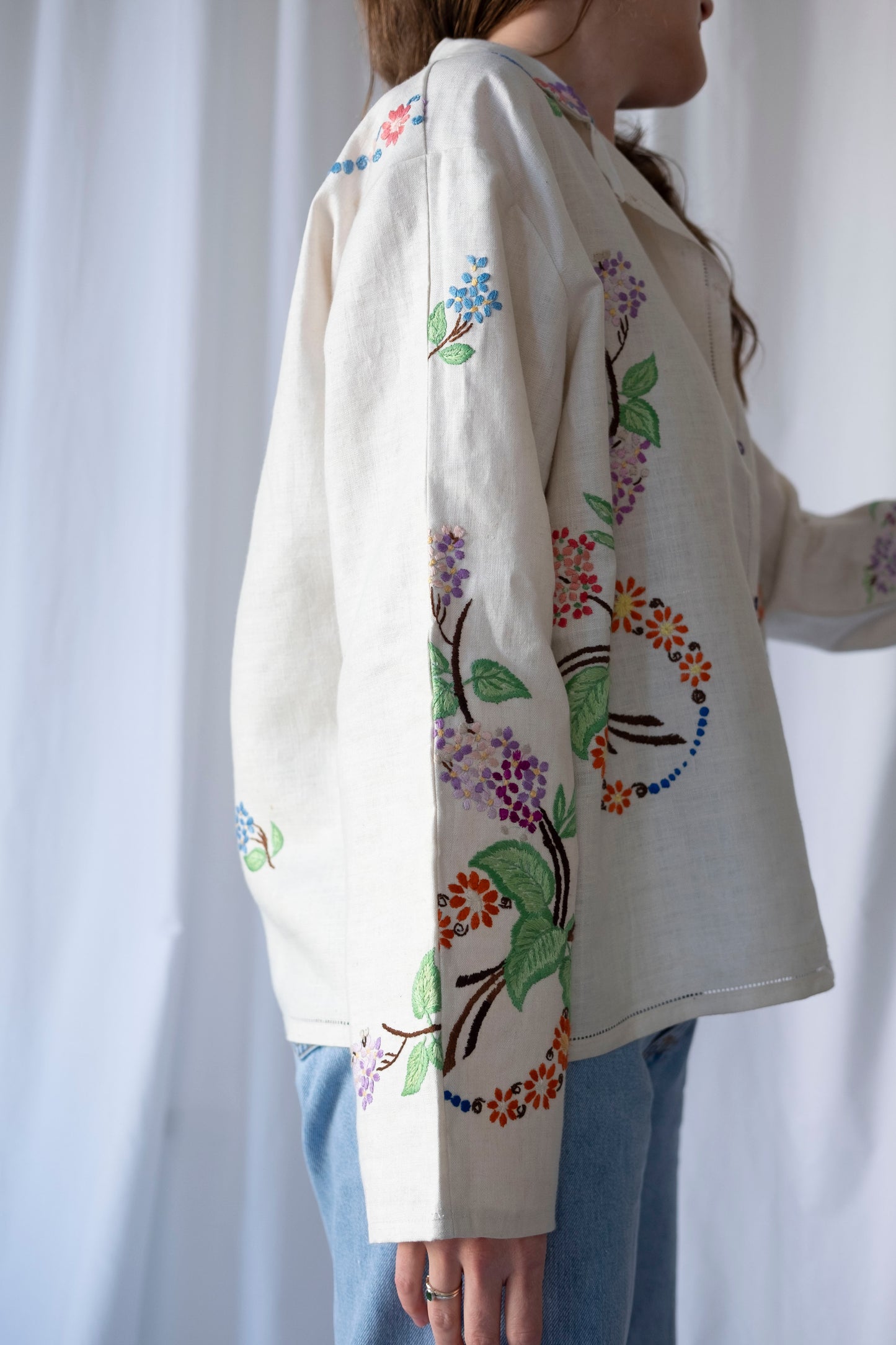 Lilac ~ Reworked Heavy Linen Embroidered Overshirt ~ L/XL